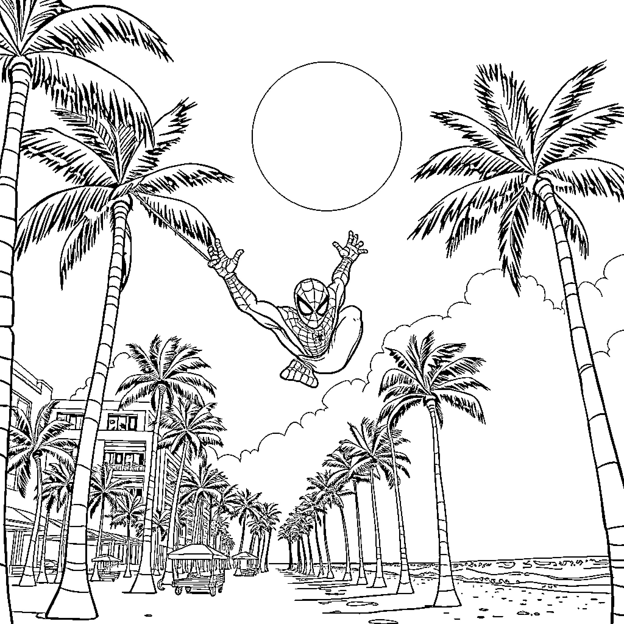 Spider-Man swinging through tropical landscape Coloring Page (free black-and-white line drawing printable PDF for all, from beginners to advanced learners, including children, teens, adults, and seniors)