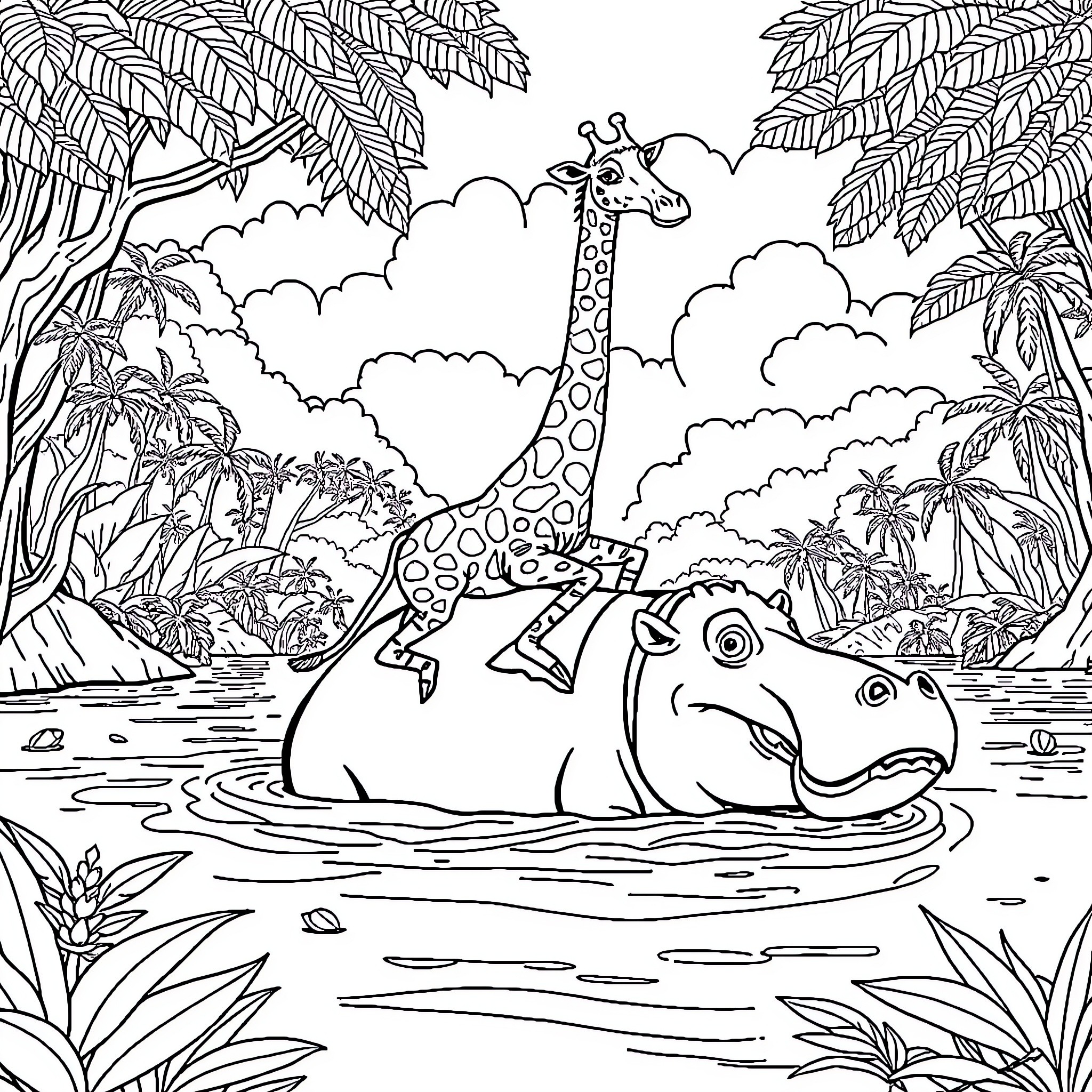 Giraffe playing with hippo in tropical jungle Coloring Page (free black-and-white line drawing printable PDF for all, from beginners to advanced learners, including children, teens, adults, and seniors)