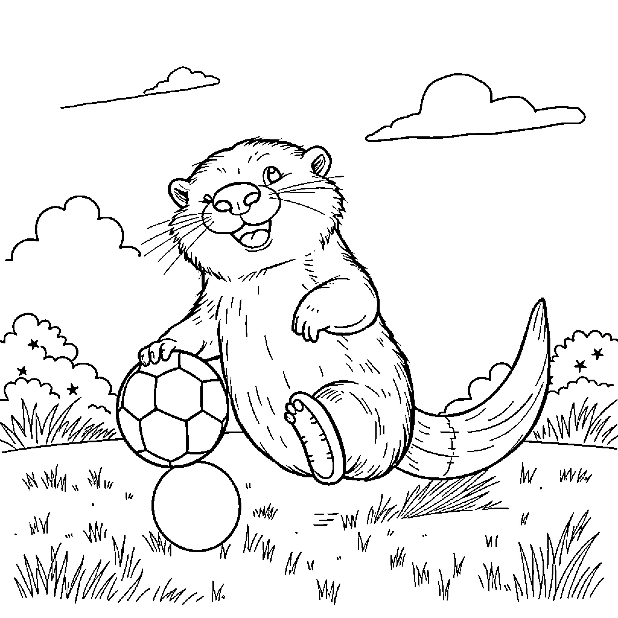 Otter playing with ball in grassy field Coloring Page (free black-and-white line drawing printable PDF for all, from beginners to advanced learners, including children, teens, adults, and seniors)