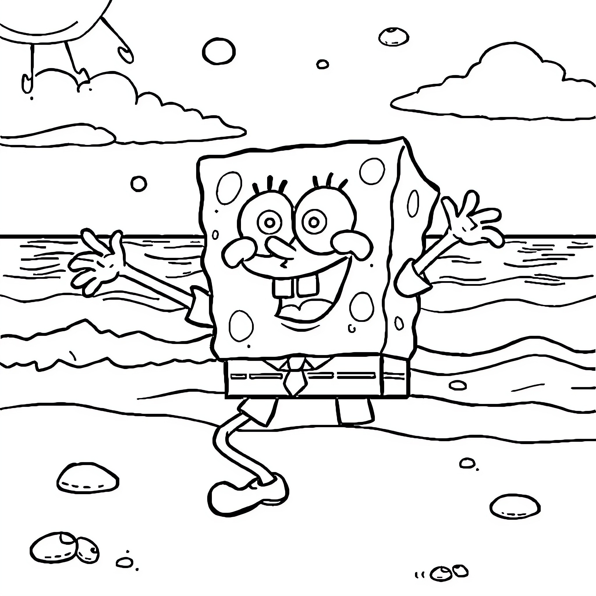 Spongebob playing happily on the beach Coloring Page (free black-and-white line drawing printable PDF for all, from beginners to advanced learners, including children, teens, adults, and seniors)