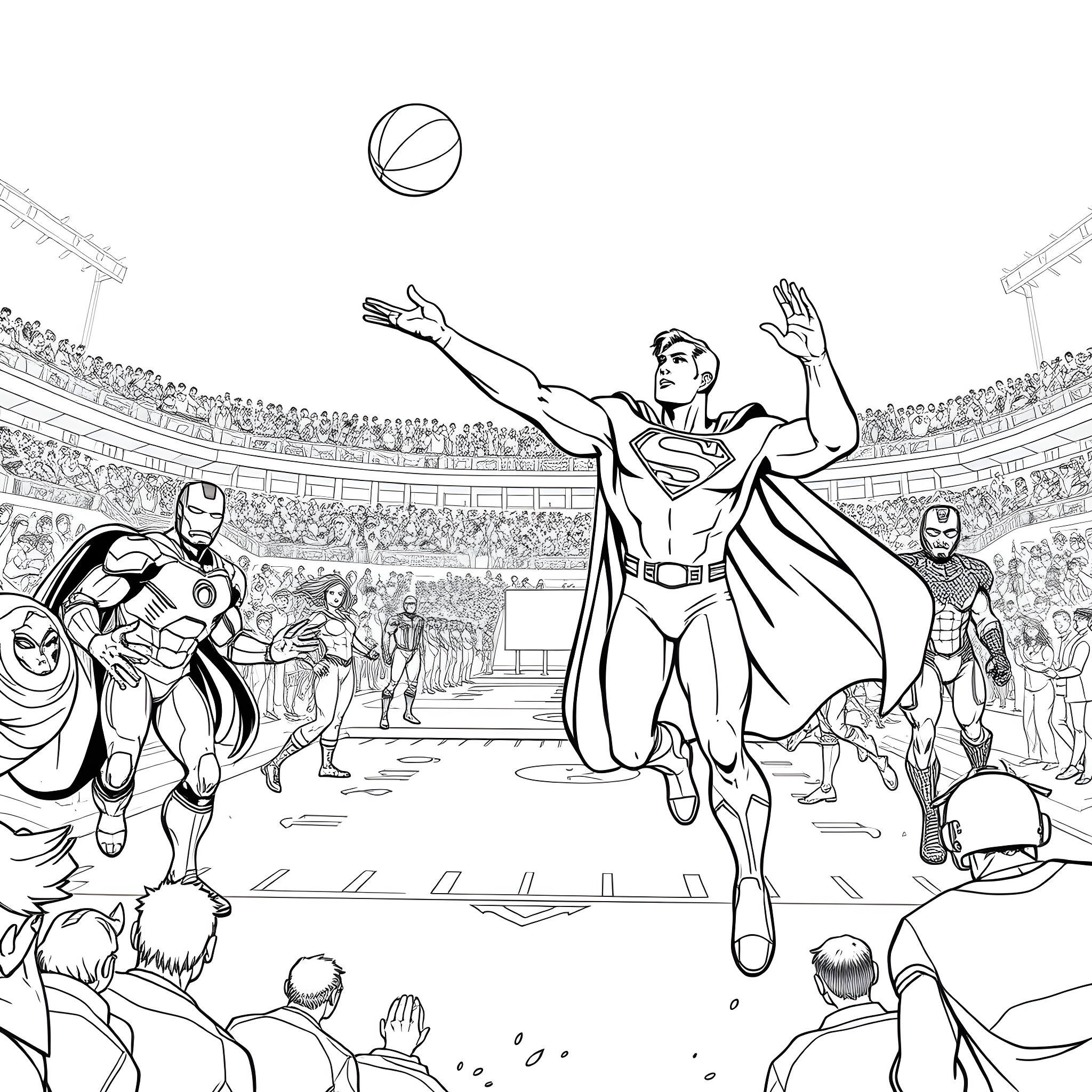 Superman saving the day in a superhero arena Coloring Page (free black-and-white line drawing printable PDF for all, from beginners to advanced learners, including children, teens, adults, and seniors)