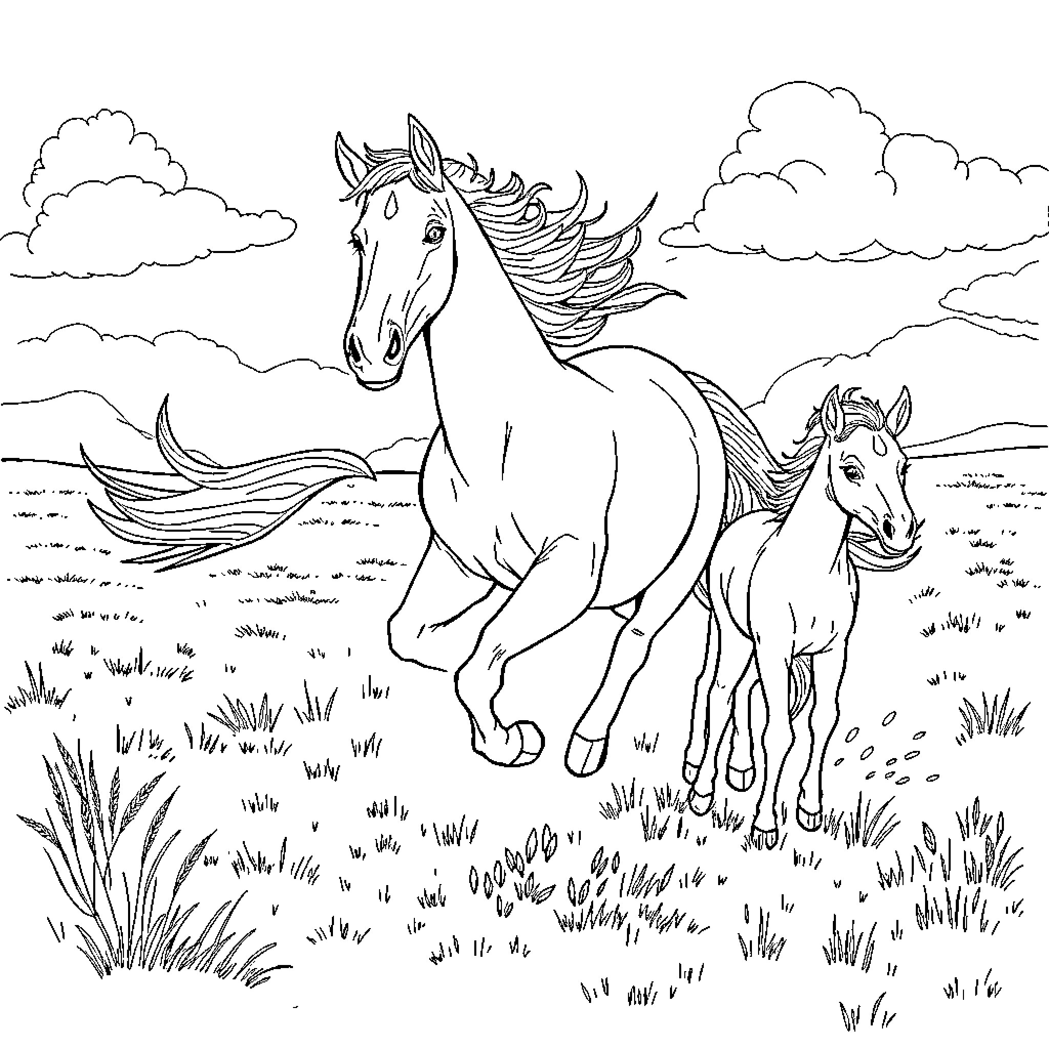 Horse and foal galloping in scenic countryside Coloring Page (free black-and-white line drawing printable PDF for all, from beginners to advanced learners, including children, teens, adults, and seniors)
