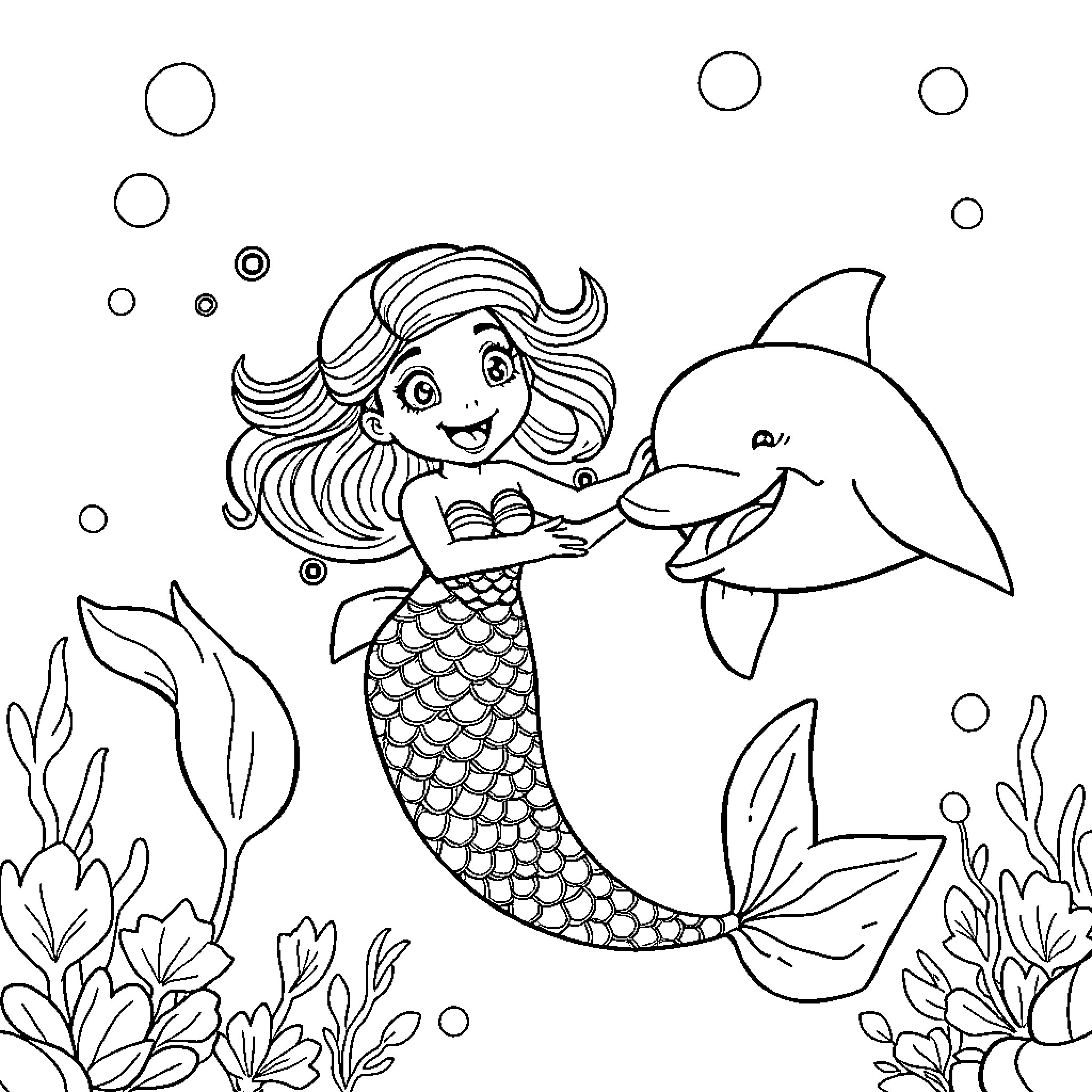 Mermaid swimming with friendly dolphin in the sea Coloring Page (free black-and-white line drawing printable PDF for all, from beginners to advanced learners, including children, teens, adults, and seniors)