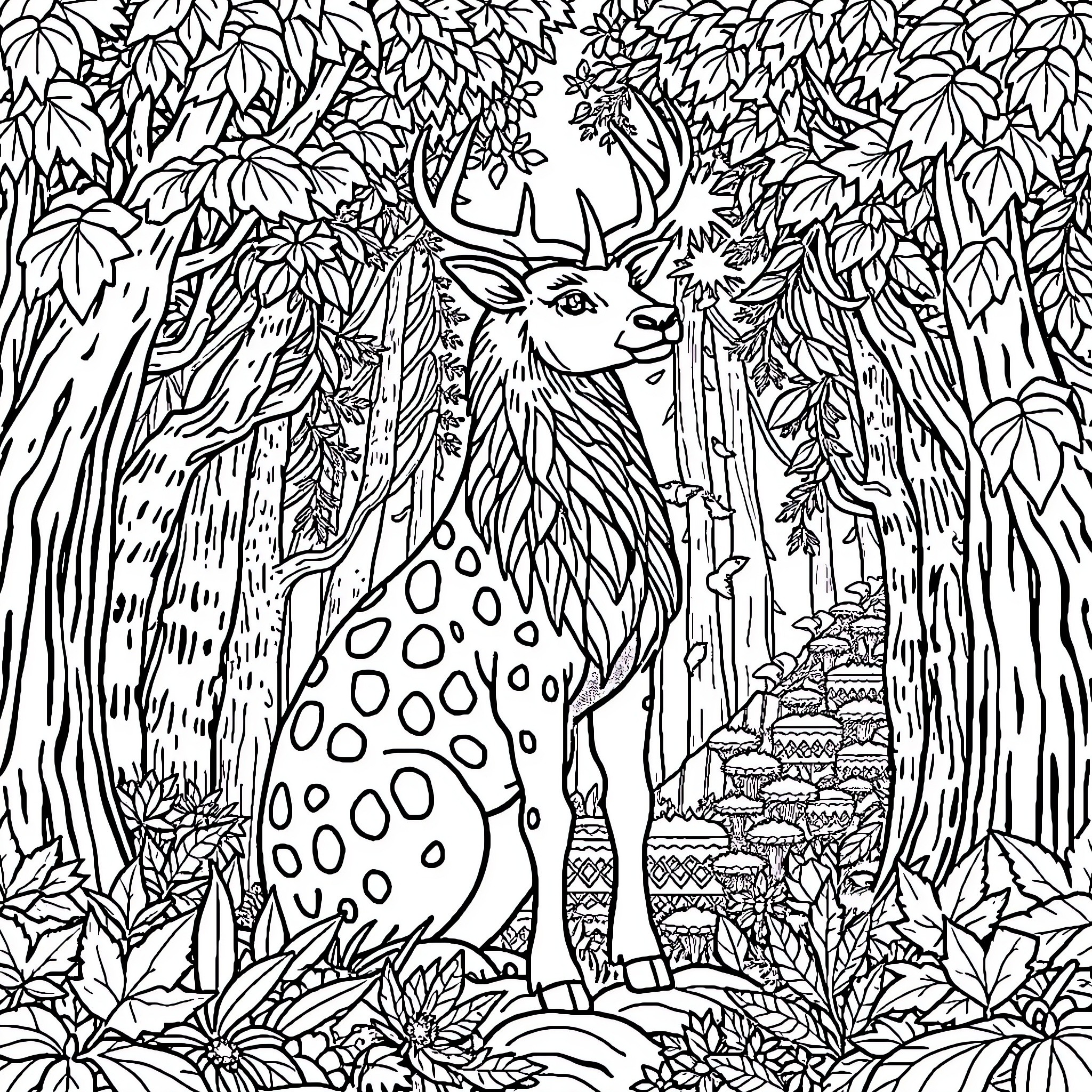 Deer wandering through a lush forest Coloring Page (free black-and-white line drawing printable PDF for all, from beginners to advanced learners, including children, teens, adults, and seniors)