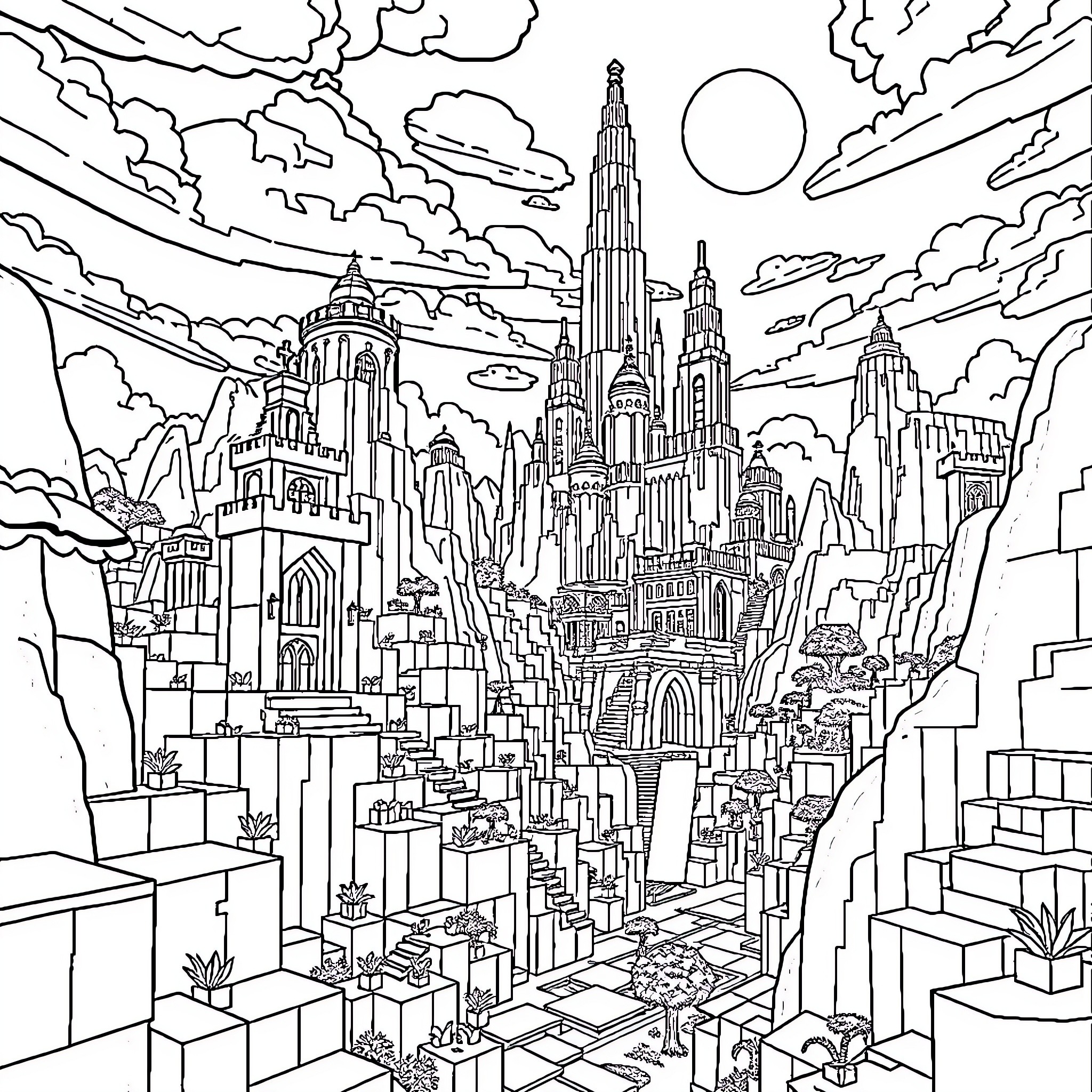 Minecraft fantasy city with towering architecture Coloring Page (free black-and-white line drawing printable PDF for all, from beginners to advanced learners, including children, teens, adults, and seniors)