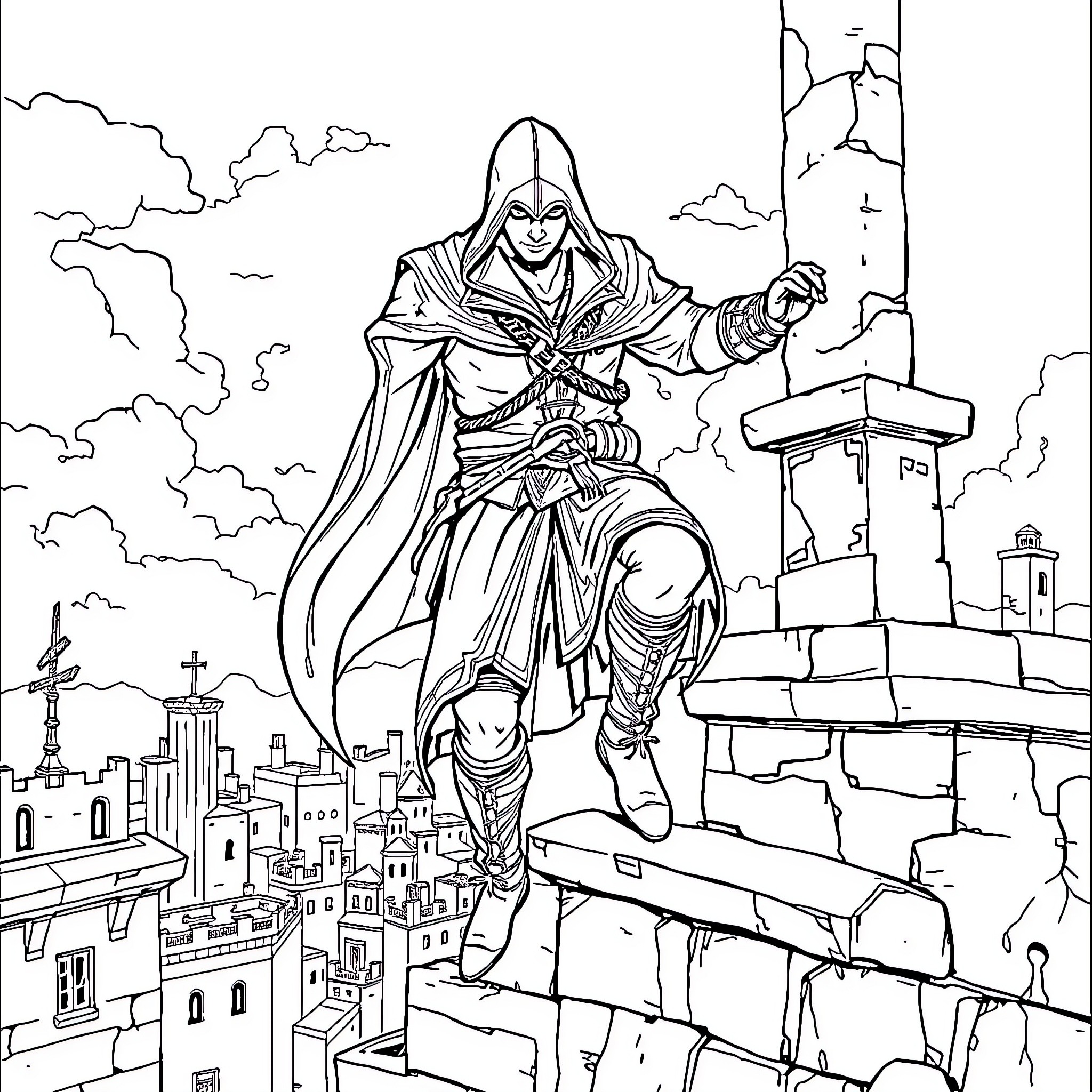 Ezio, the Assassin's Leap of Faith Coloring Page (free black-and-white line drawing printable PDF for all, from beginners to advanced learners, including children, teens, adults, and seniors)