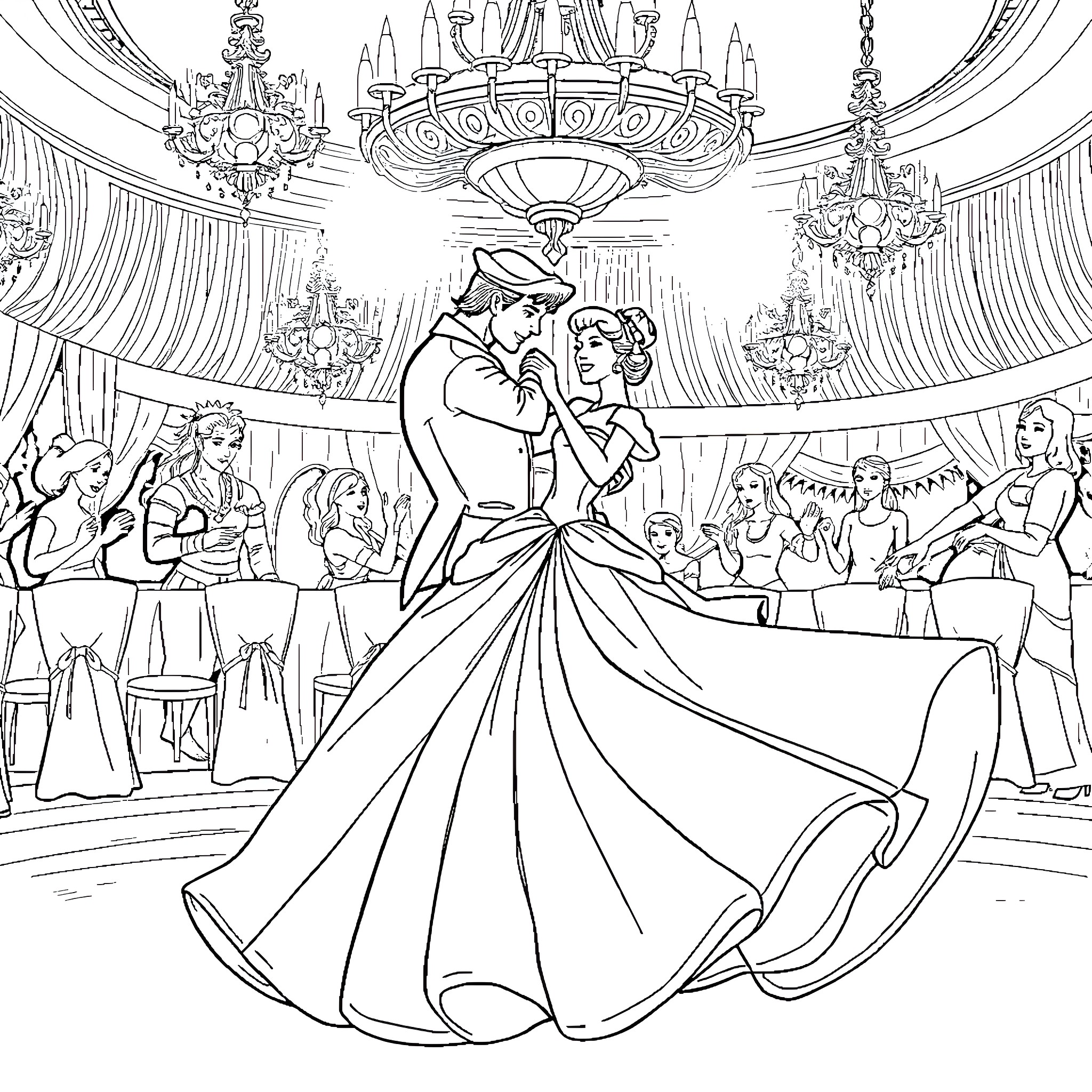 Cinderella's Enchanting Ball Dance with Prince Charming Coloring Page (free black-and-white line drawing printable PDF for all, from beginners to advanced learners, including children, teens, adults, and seniors)