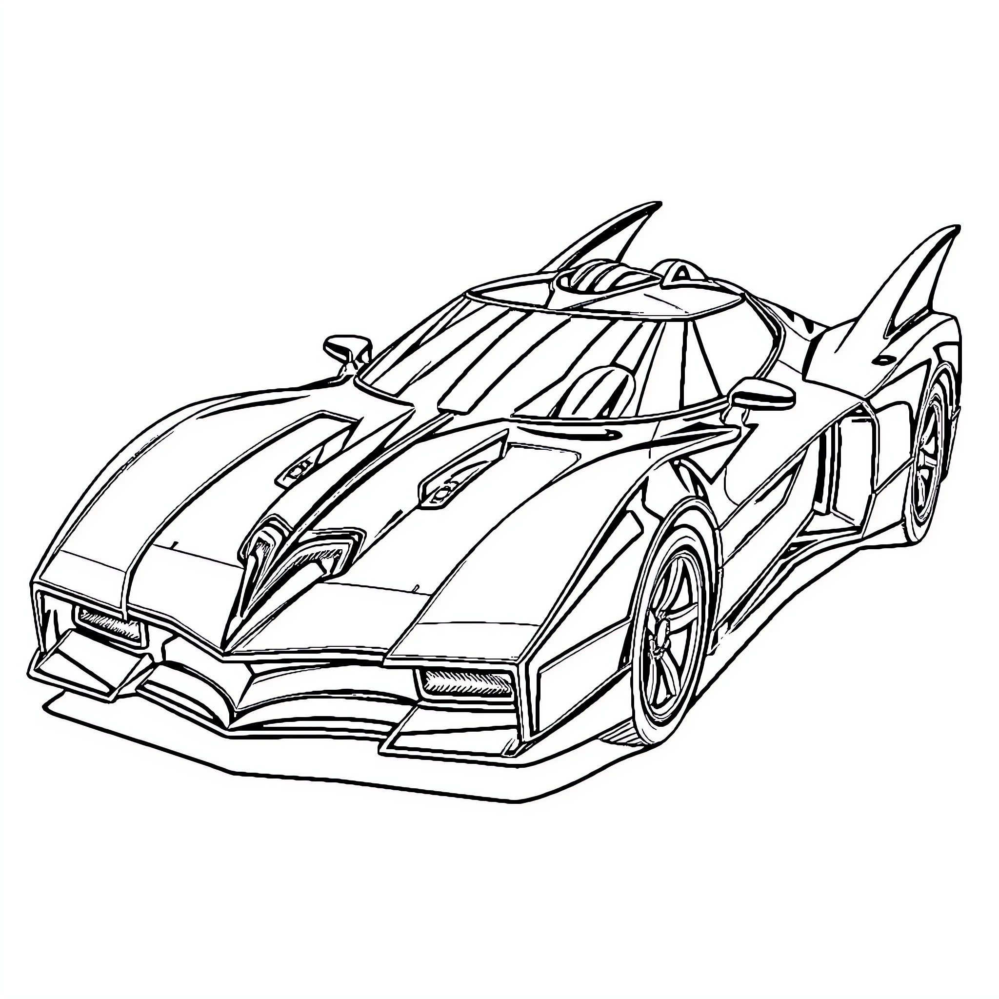 Batmobile speeding through futuristic city Coloring Page (free black-and-white line drawing printable PDF for all, from beginners to advanced learners, including children, teens, adults, and seniors)