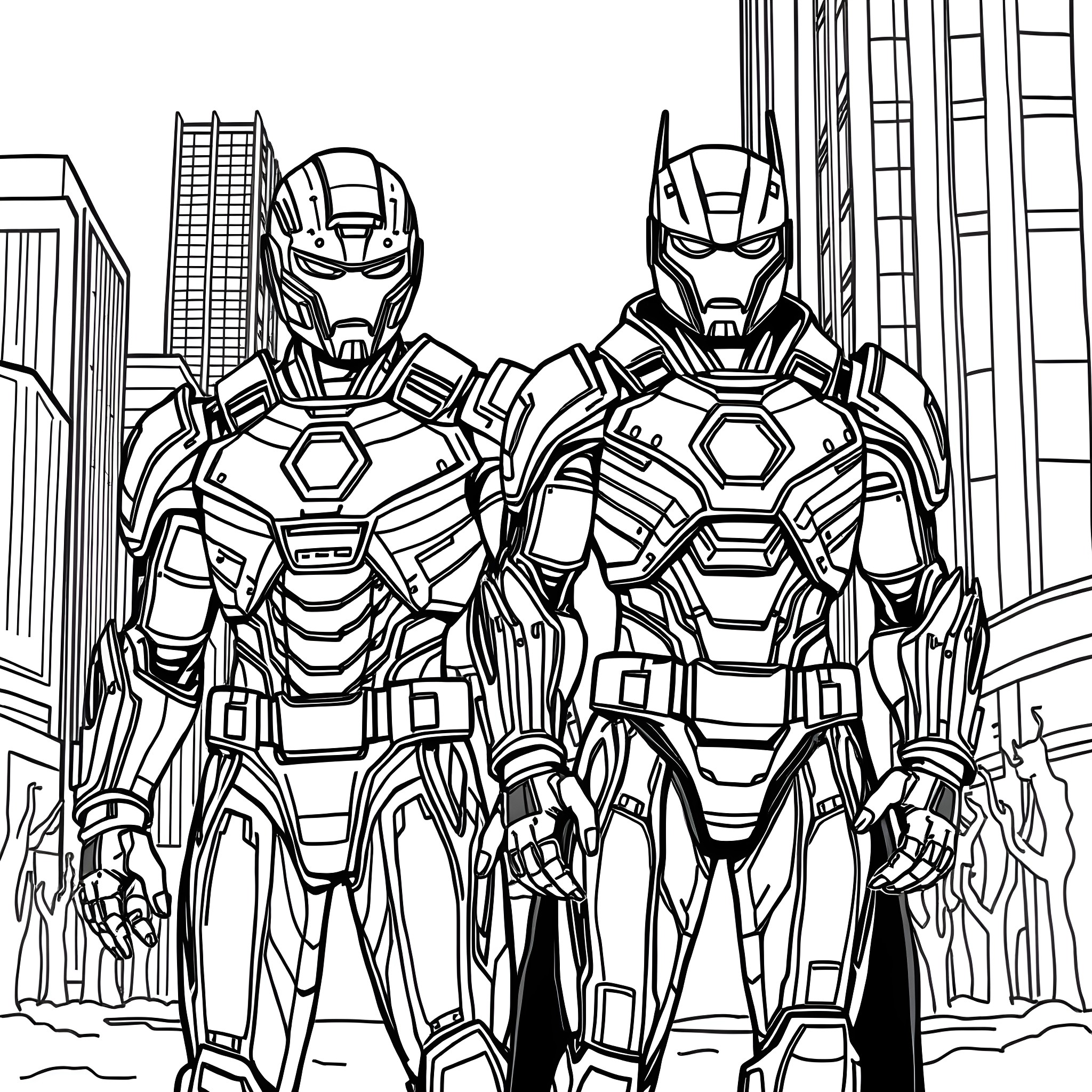 Iron Freeze: Futuristic Robotic Warriors in City Backdrop Coloring Page (free black-and-white line drawing printable PDF for all, from beginners to advanced learners, including children, teens, adults, and seniors)