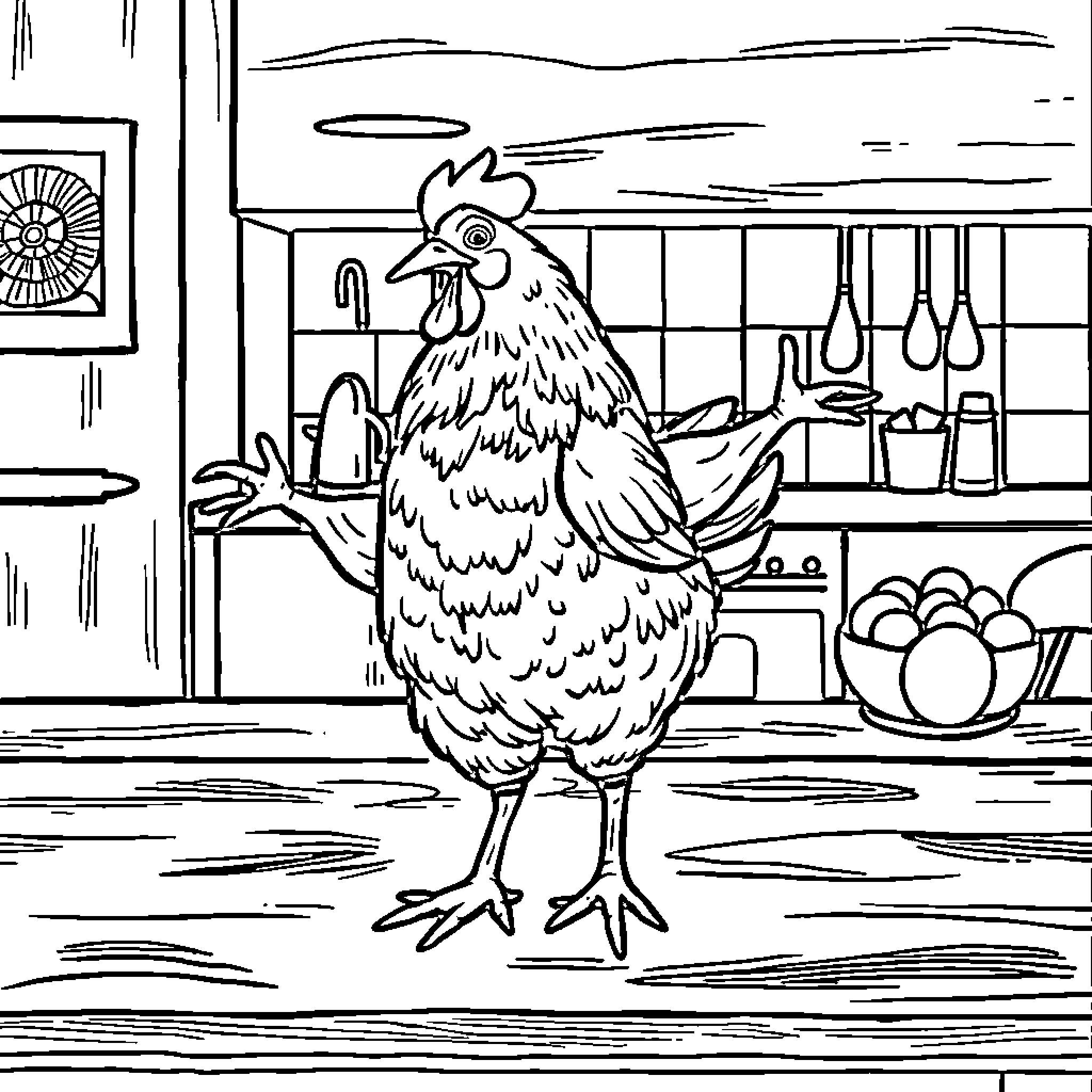 Chicken standing proud in a kitchen setting Coloring Page (free black-and-white line drawing printable PDF for all, from beginners to advanced learners, including children, teens, adults, and seniors)