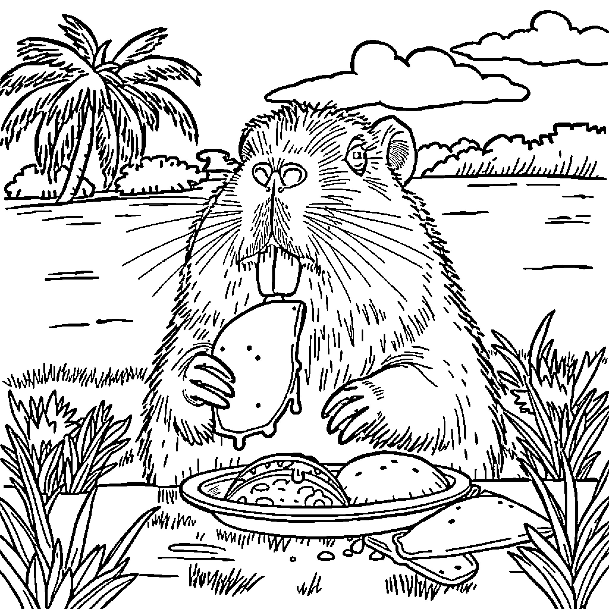 Capybara enjoying a meal outdoors Coloring Page (free black-and-white line drawing printable PDF for all, from beginners to advanced learners, including children, teens, adults, and seniors)
