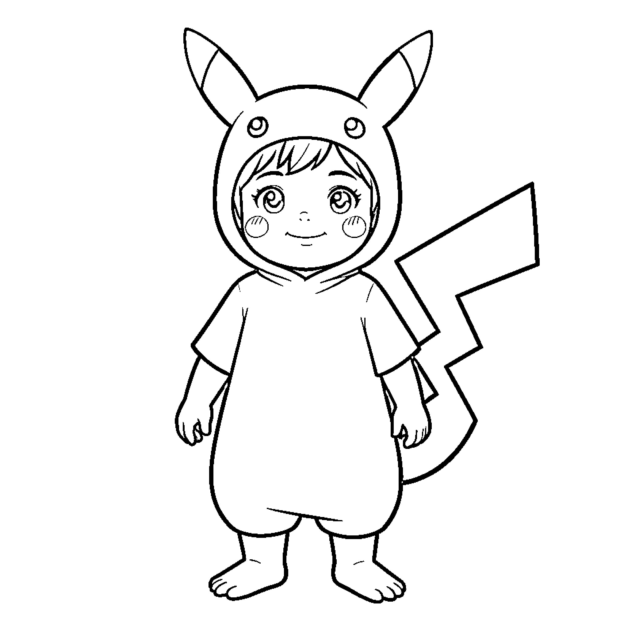 Pikachu costume for a happy child Coloring Page (free black-and-white line drawing printable PDF for all, from beginners to advanced learners, including children, teens, adults, and seniors)