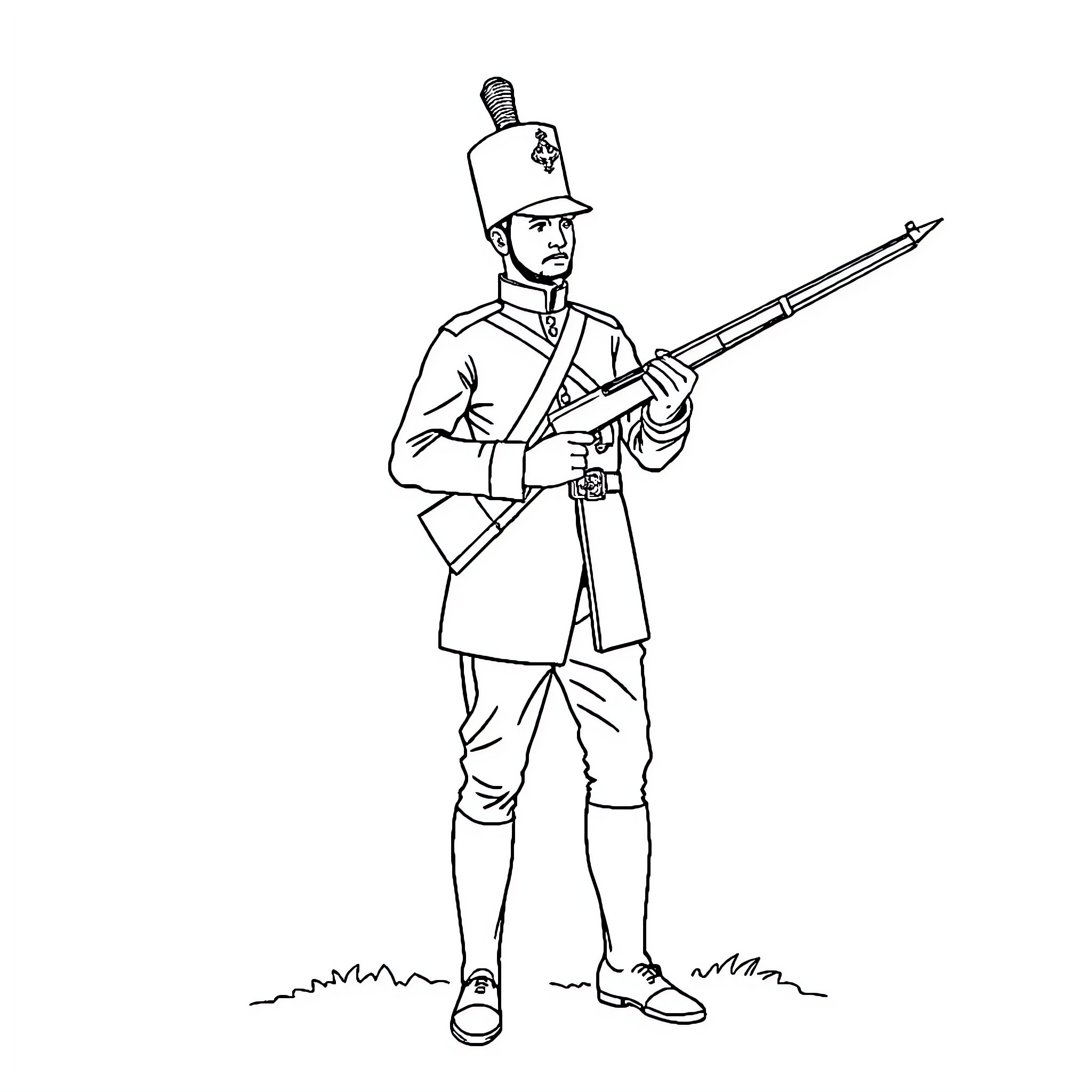Soldier in uniform holding rifle Coloring Page (free black-and-white line drawing printable PDF for all, from beginners to advanced learners, including children, teens, adults, and seniors)