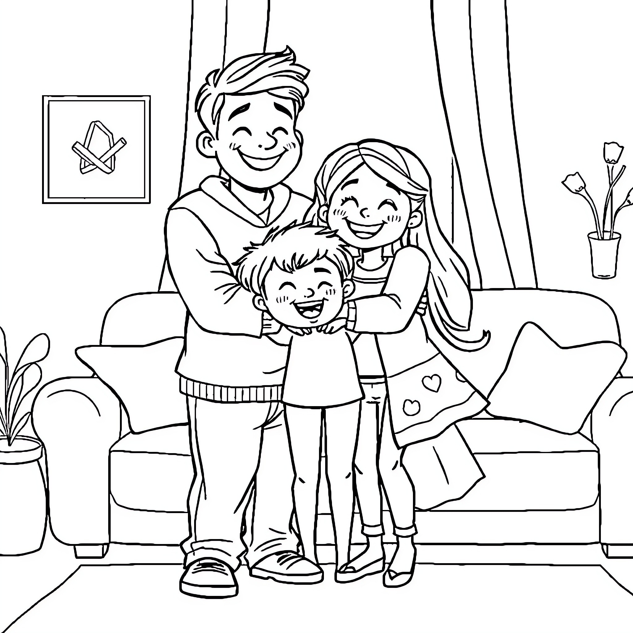 Family Sharing a Joyful Moment at Home Coloring Page (free black-and-white line drawing printable PDF for all, from beginners to advanced learners, including children, teens, adults, and seniors)