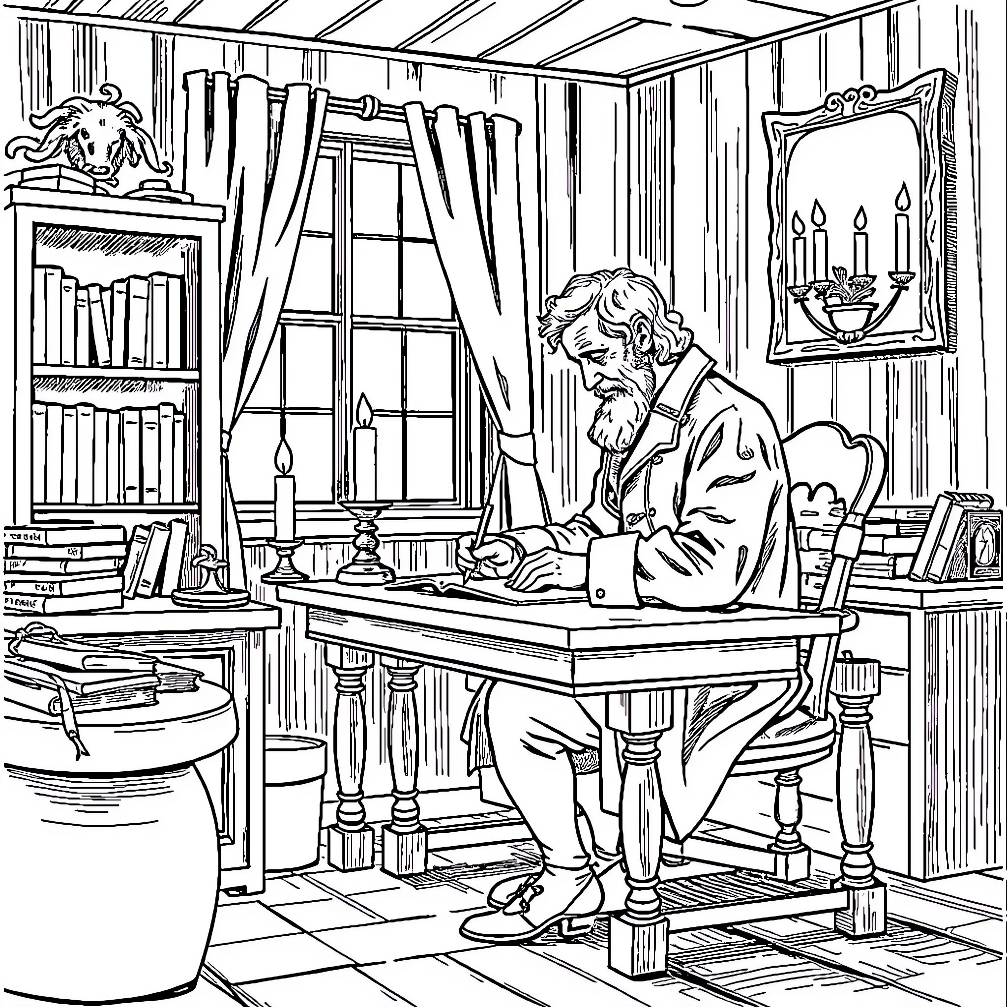 Jean-Jacques Rousseau writing at desk in study Coloring Page (free black-and-white line drawing printable PDF for all, from beginners to advanced learners, including children, teens, adults, and seniors)