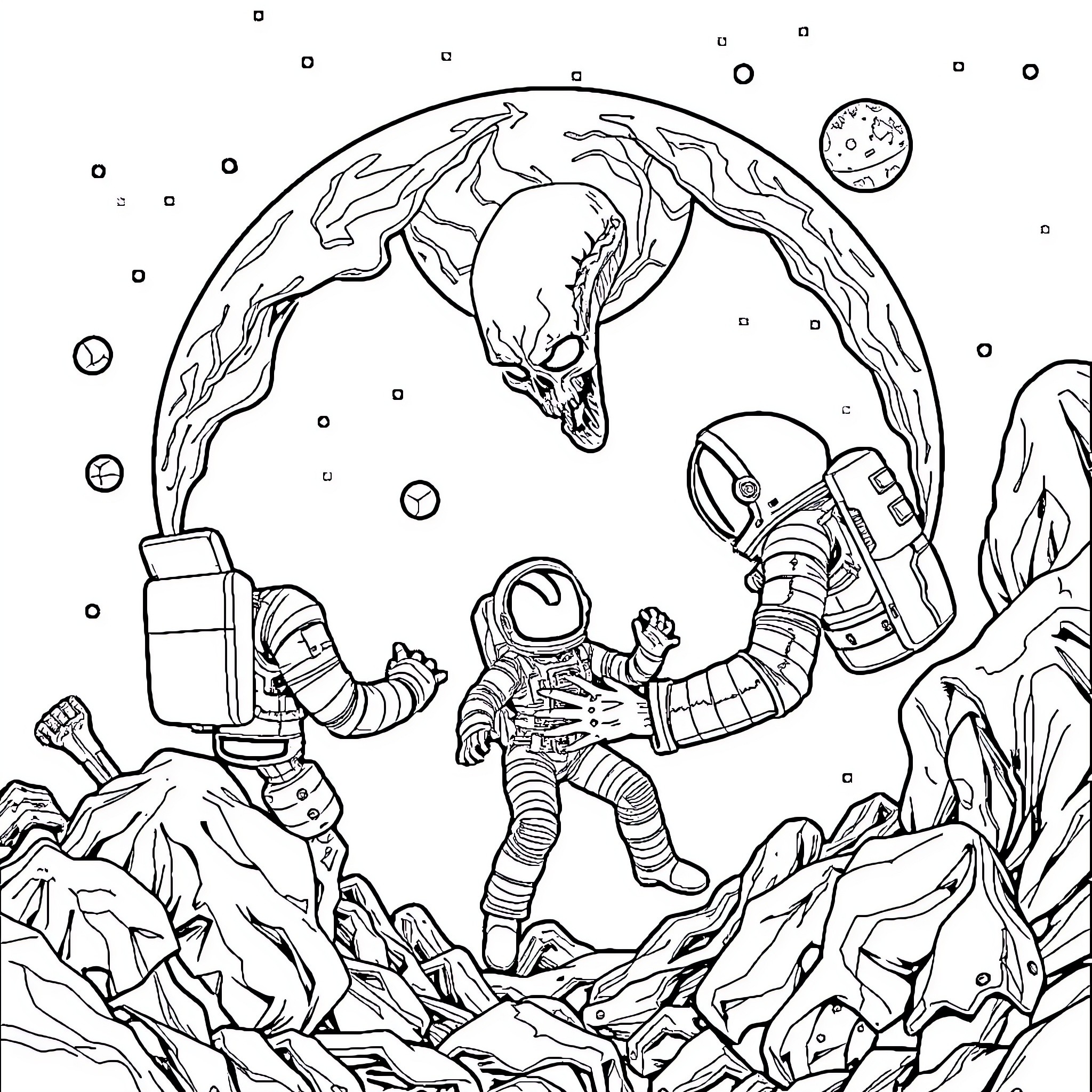 Necromorph astronaut encounters alien creature in cosmic landscape Coloring Page (free black-and-white line drawing printable PDF for all, from beginners to advanced learners, including children, teens, adults, and seniors)