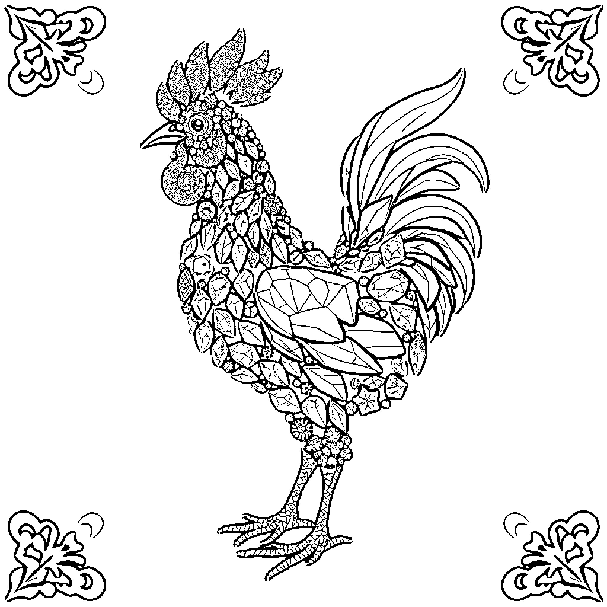 Chicken with intricate floral patterns Coloring Page (free black-and-white line drawing printable PDF for all, from beginners to advanced learners, including children, teens, adults, and seniors)