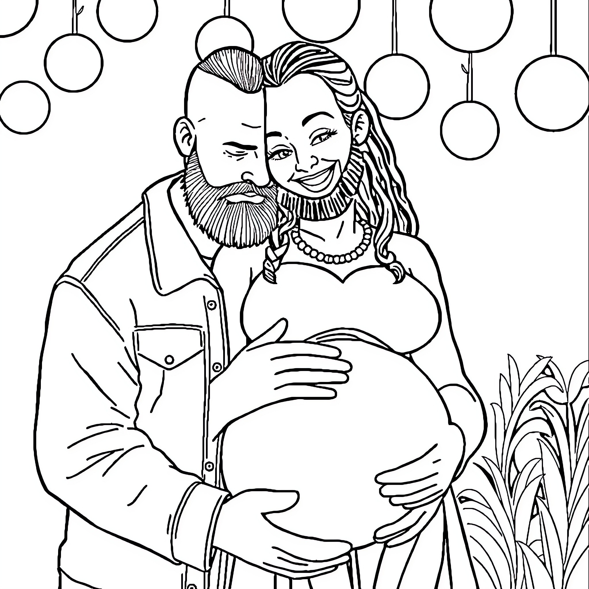 Jonathan Davis embracing his partner affectionately Coloring Page (free black-and-white line drawing printable PDF for all, from beginners to advanced learners, including children, teens, adults, and seniors)