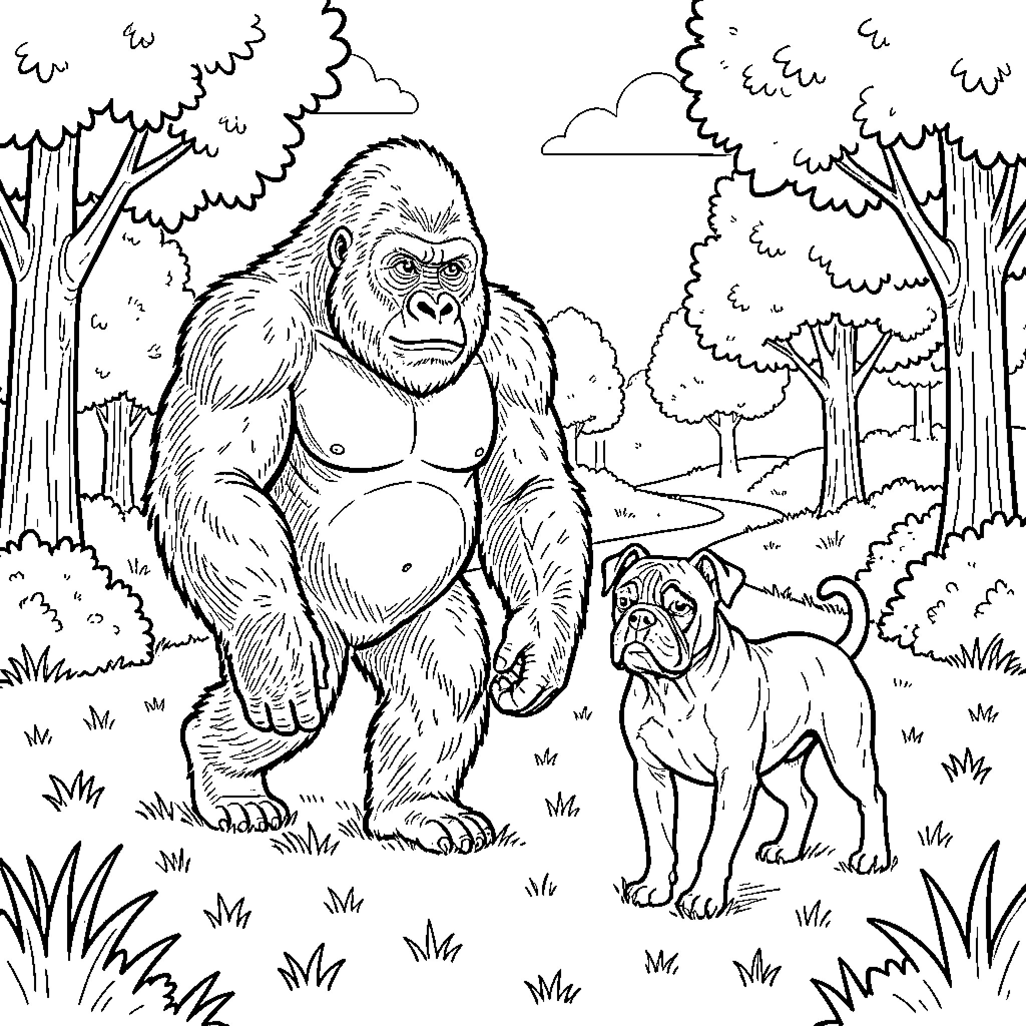 Gorilla standing next to a small dog in nature Coloring Page (free black-and-white line drawing printable PDF for all, from beginners to advanced learners, including children, teens, adults, and seniors)