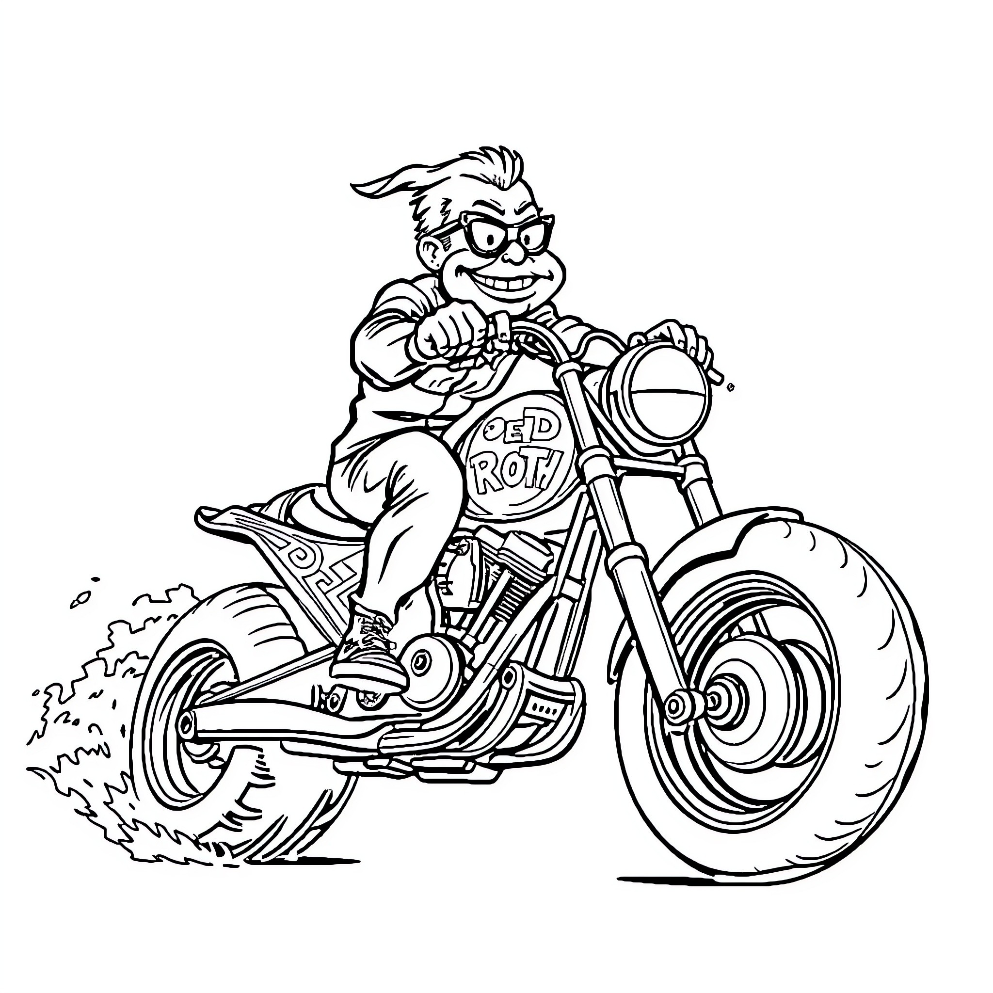 Eddie riding motorcycle with a big smile Coloring Page (free black-and-white line drawing printable PDF for all, from beginners to advanced learners, including children, teens, adults, and seniors)