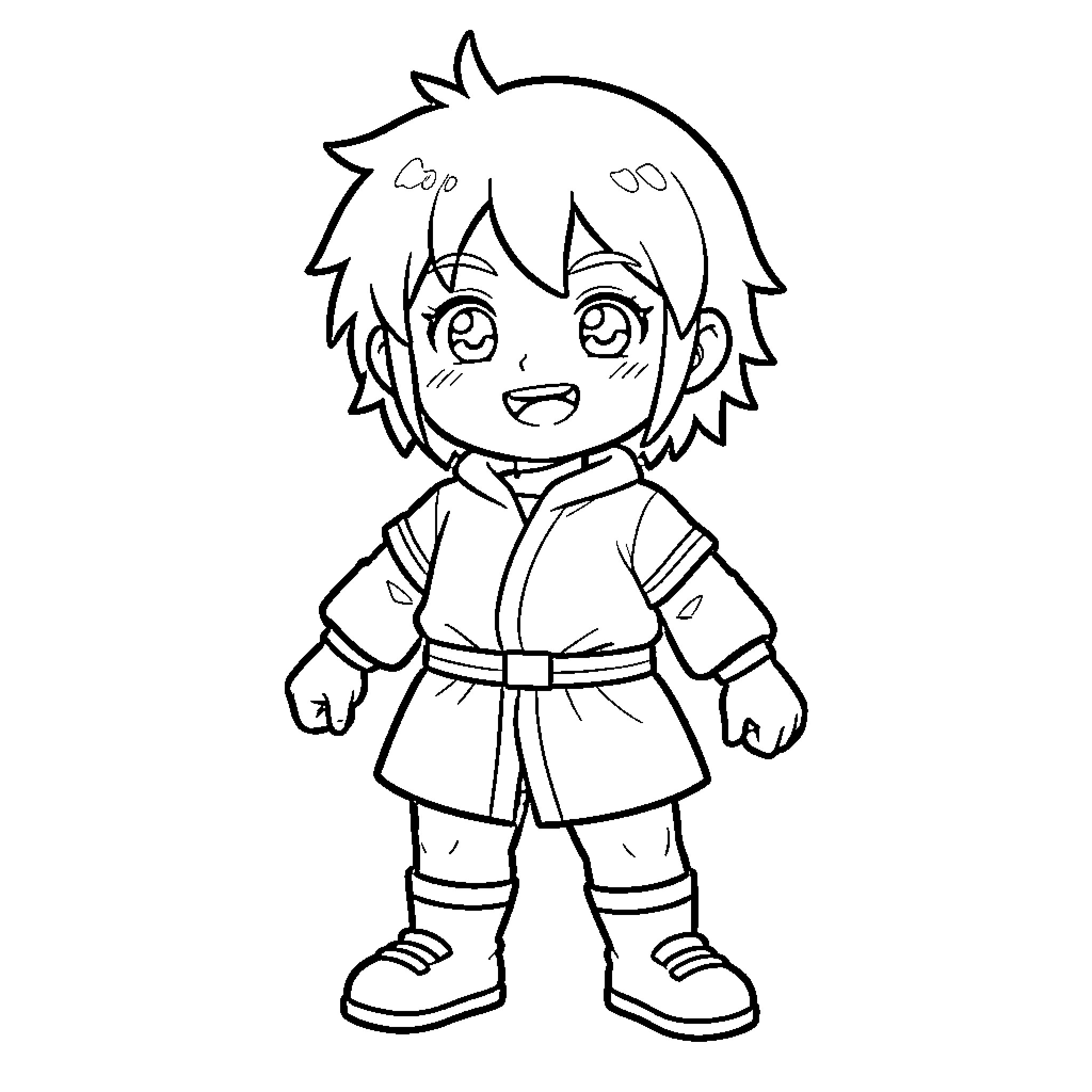 Skouichi smiling happily in a martial arts outfit Coloring Page (free black-and-white line drawing printable PDF for all, from beginners to advanced learners, including children, teens, adults, and seniors)