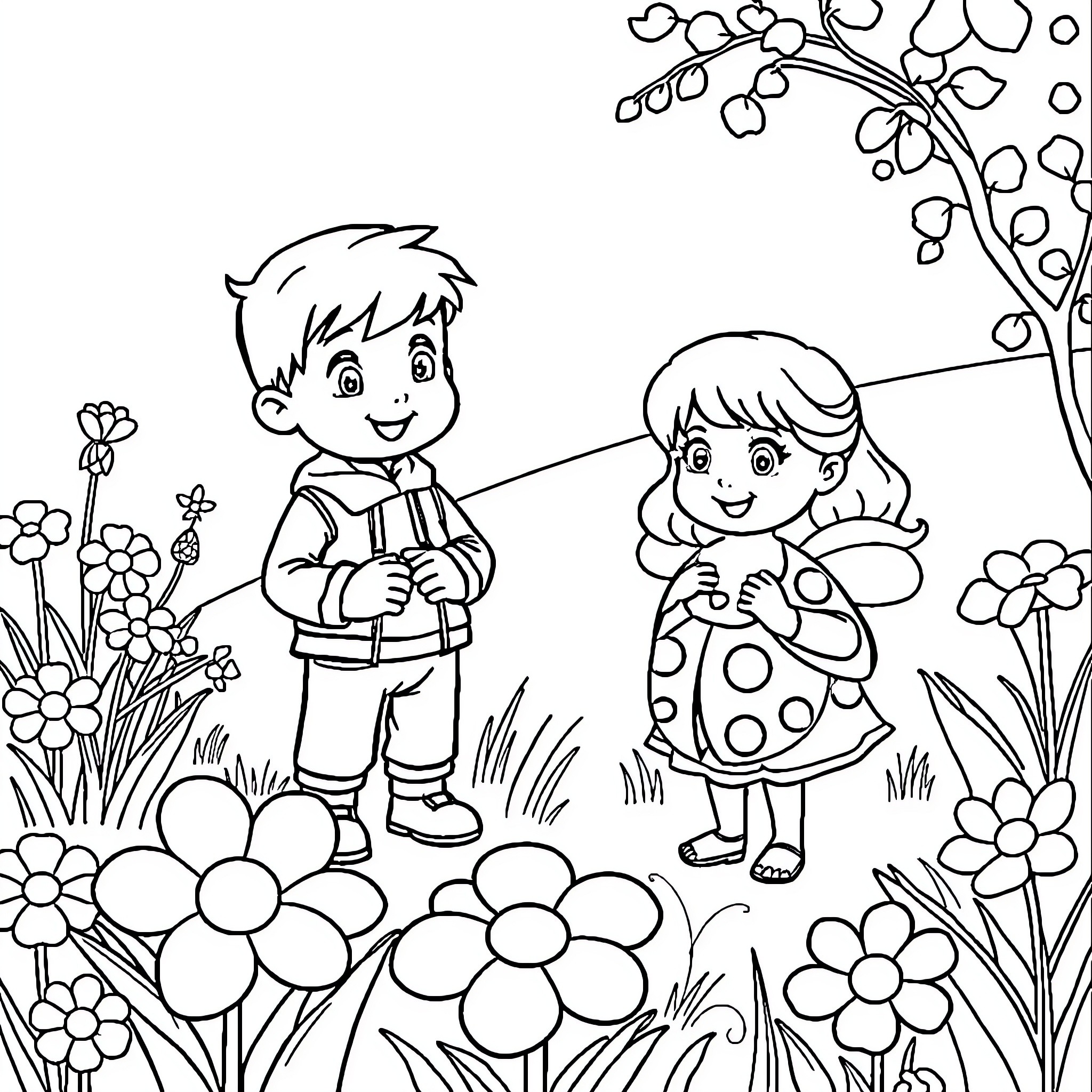 Ben and Holly playing together in a floral garden Coloring Page (free black-and-white line drawing printable PDF for all, from beginners to advanced learners, including children, teens, adults, and seniors)