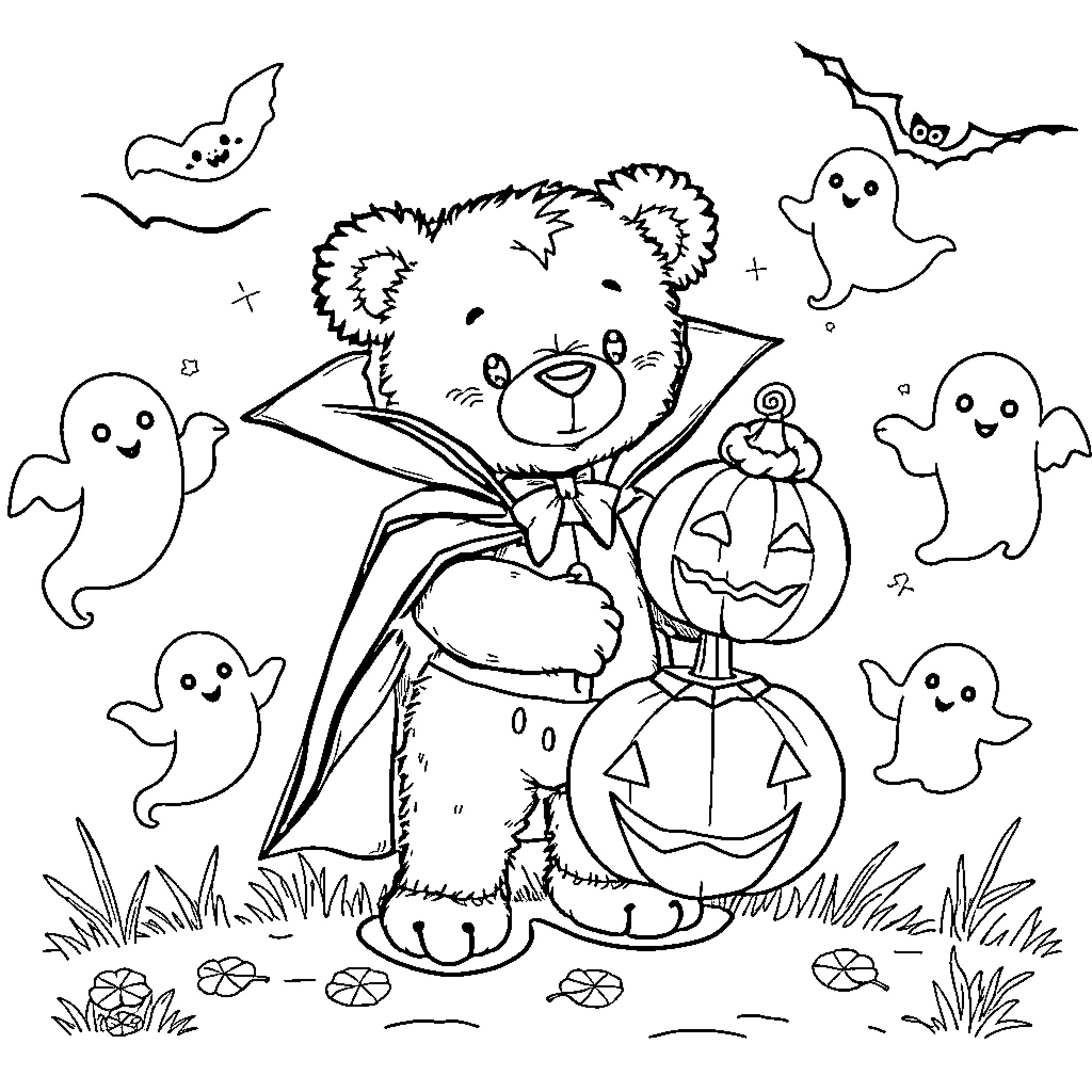 Bear dressed as vampire holding jack-o'-lantern in Halloween scene Coloring Page (free black-and-white line drawing printable PDF for all, from beginners to advanced learners, including children, teens, adults, and seniors)