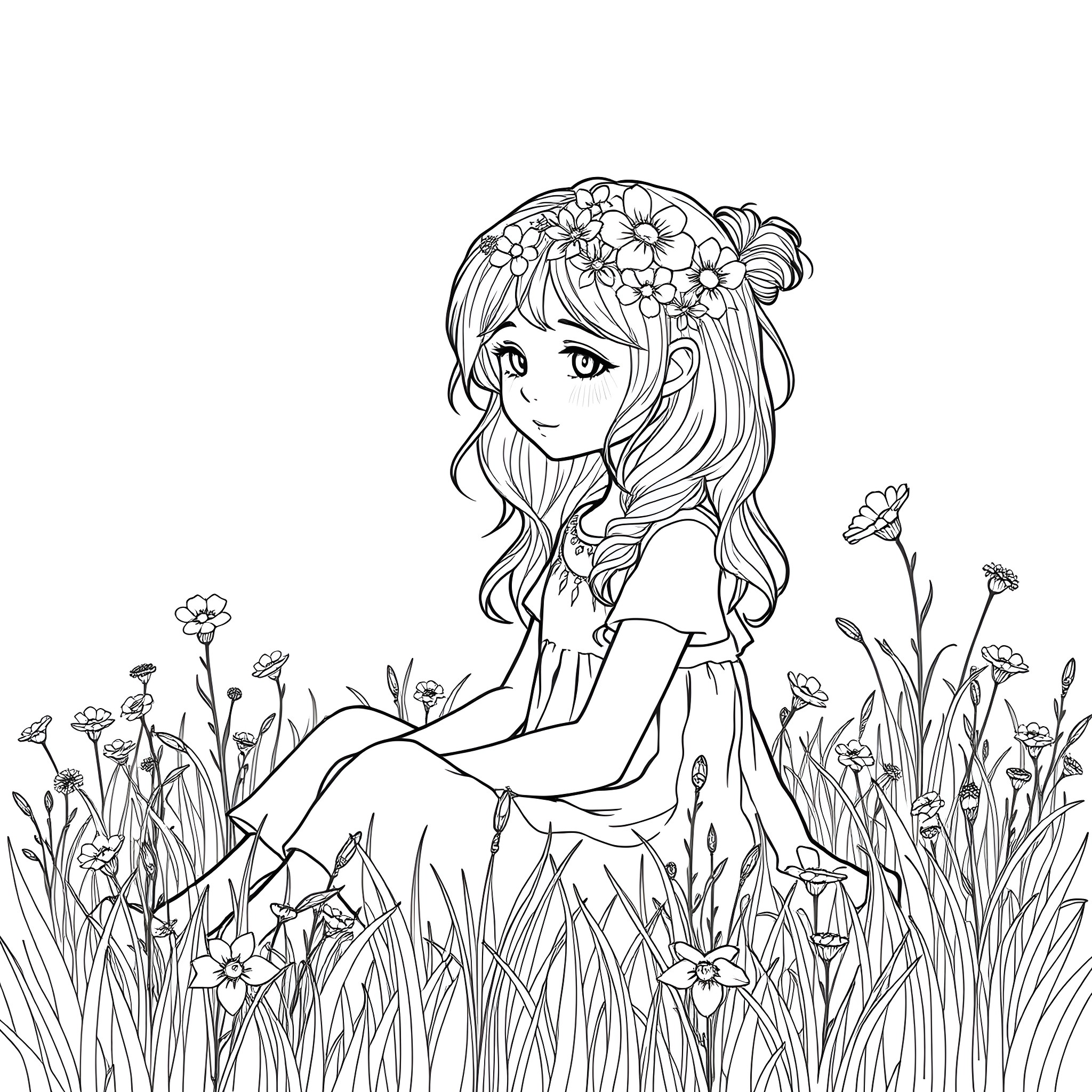 Girl surrounded by flowers in a meadow Coloring Page (free black-and-white line drawing printable PDF for all, from beginners to advanced learners, including children, teens, adults, and seniors)