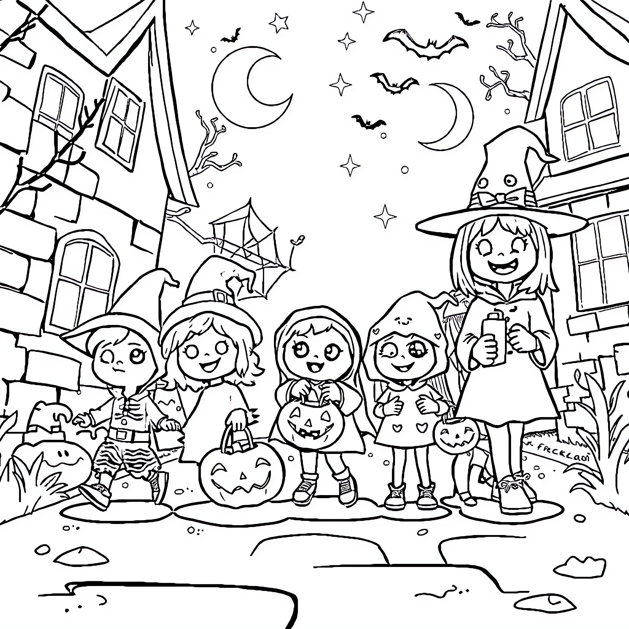 Kid Trick-or-Treating on Halloween Night Coloring Page (free black-and-white line drawing printable PDF for all, from beginners to advanced learners, including children, teens, adults, and seniors)