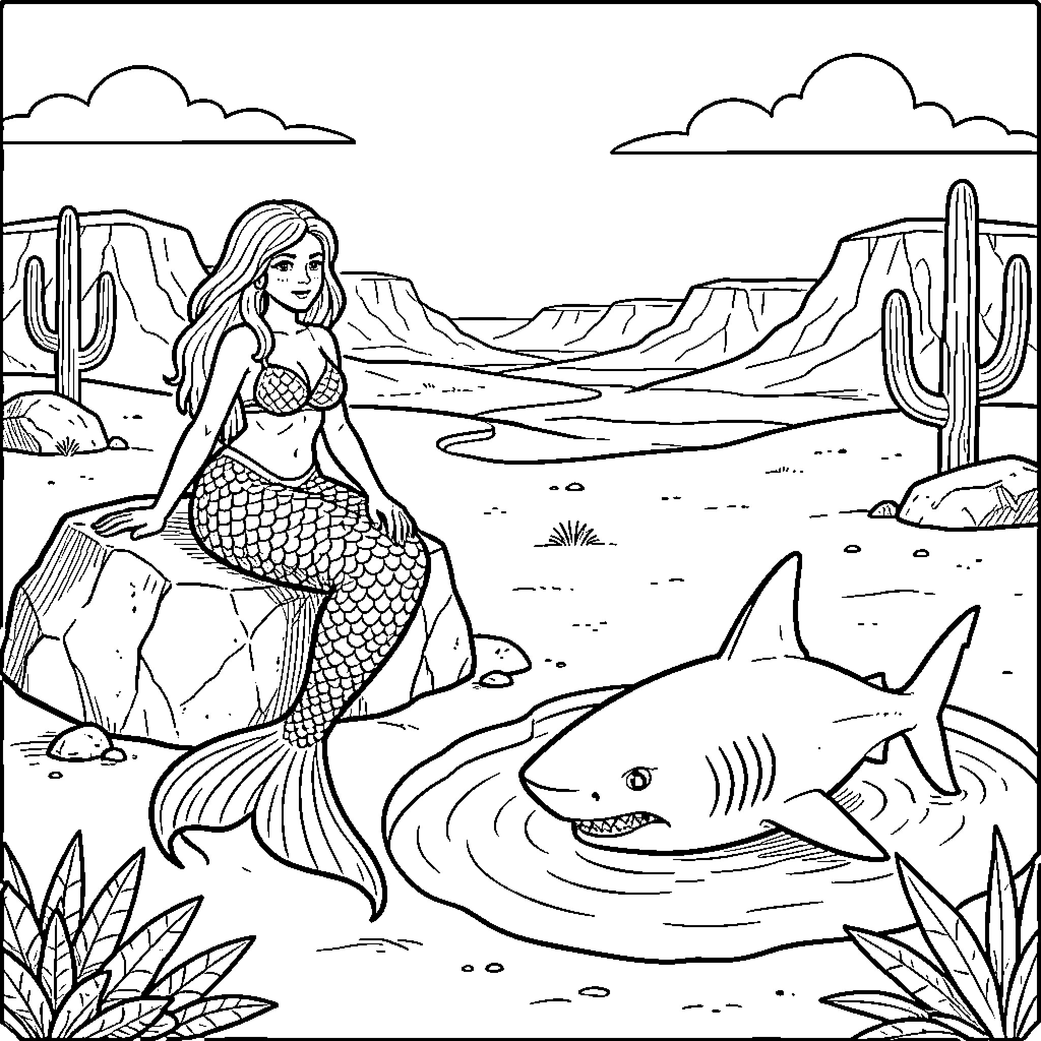 Mermaid in the desert sea with shark Coloring Page (free black-and-white line drawing printable PDF for all, from beginners to advanced learners, including children, teens, adults, and seniors)