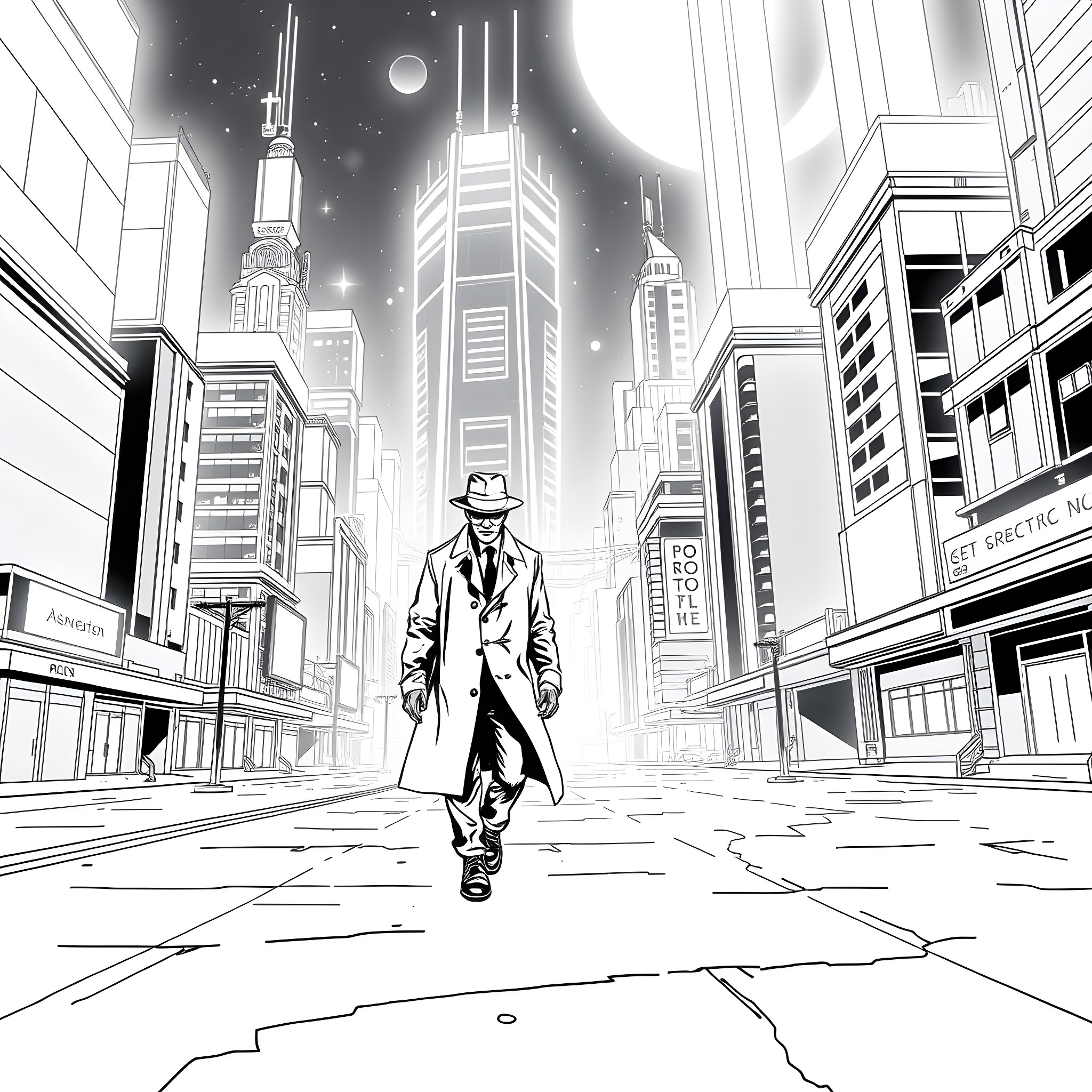 Detective navigates the bustling city at night Coloring Page (free black-and-white line drawing printable PDF for all, from beginners to advanced learners, including children, teens, adults, and seniors)