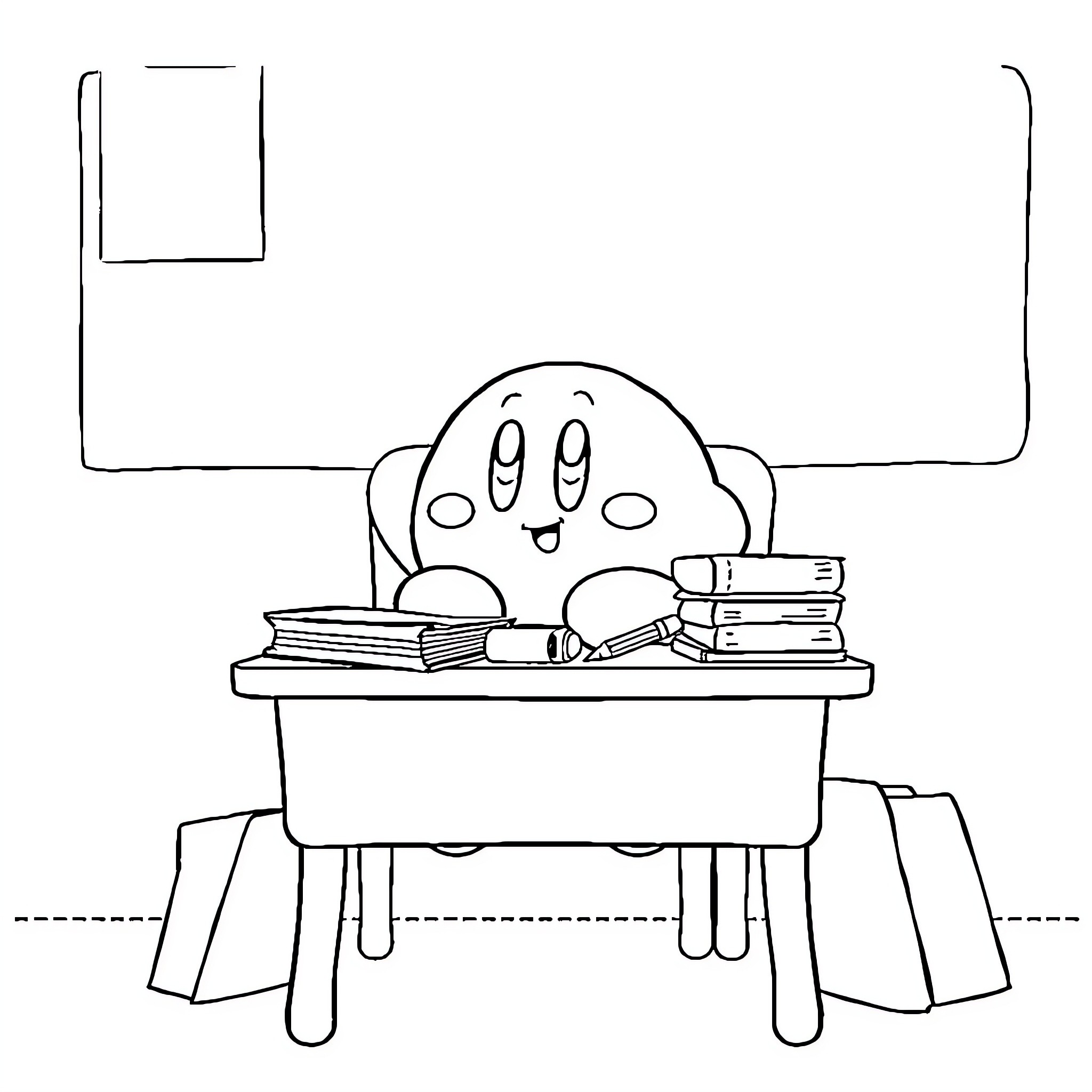 Kirby studying diligently at a desk Coloring Page (free black-and-white line drawing printable PDF for all, from beginners to advanced learners, including children, teens, adults, and seniors)