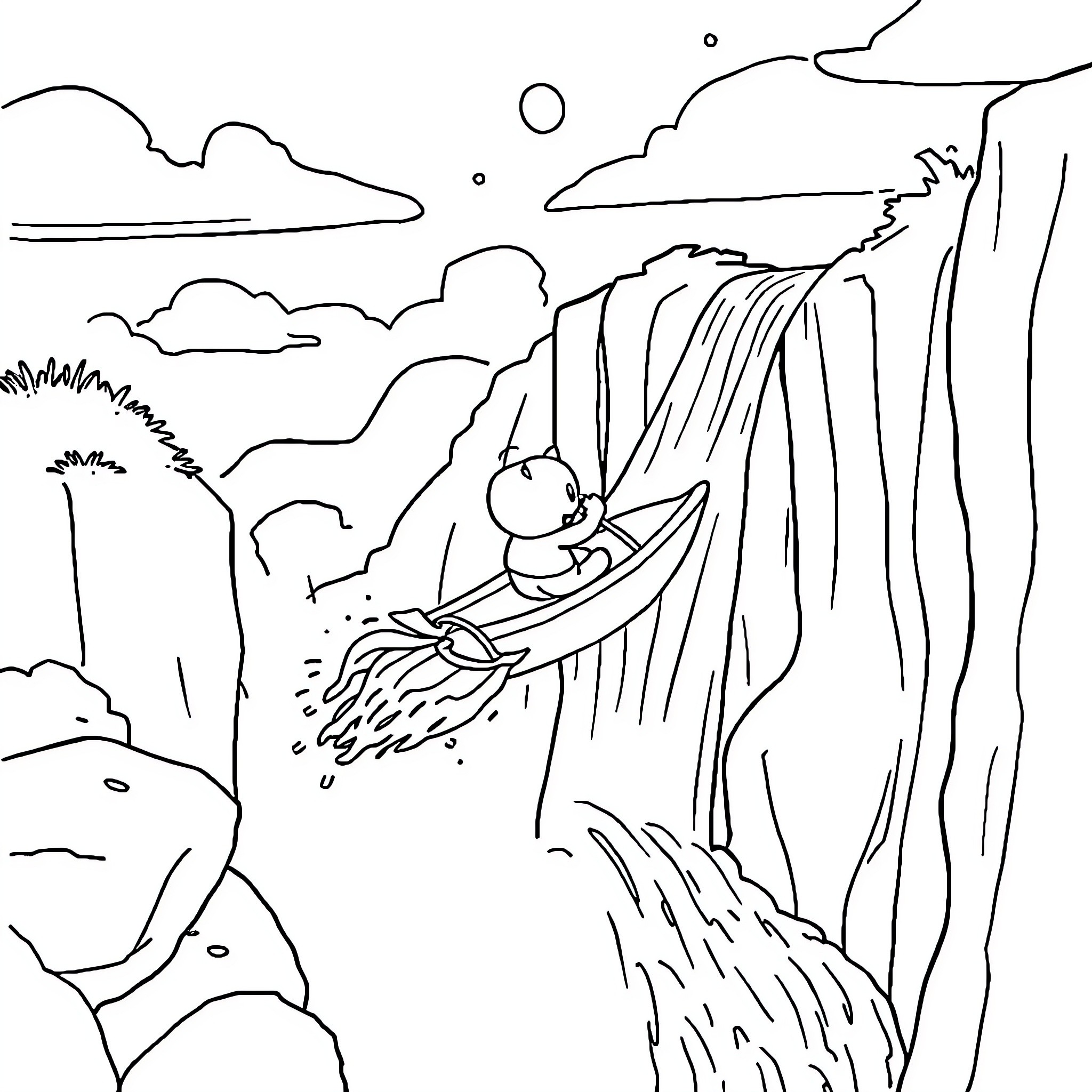 Pocoyo exploring the majestic waterfall landscape Coloring Page (free black-and-white line drawing printable PDF for all, from beginners to advanced learners, including children, teens, adults, and seniors)