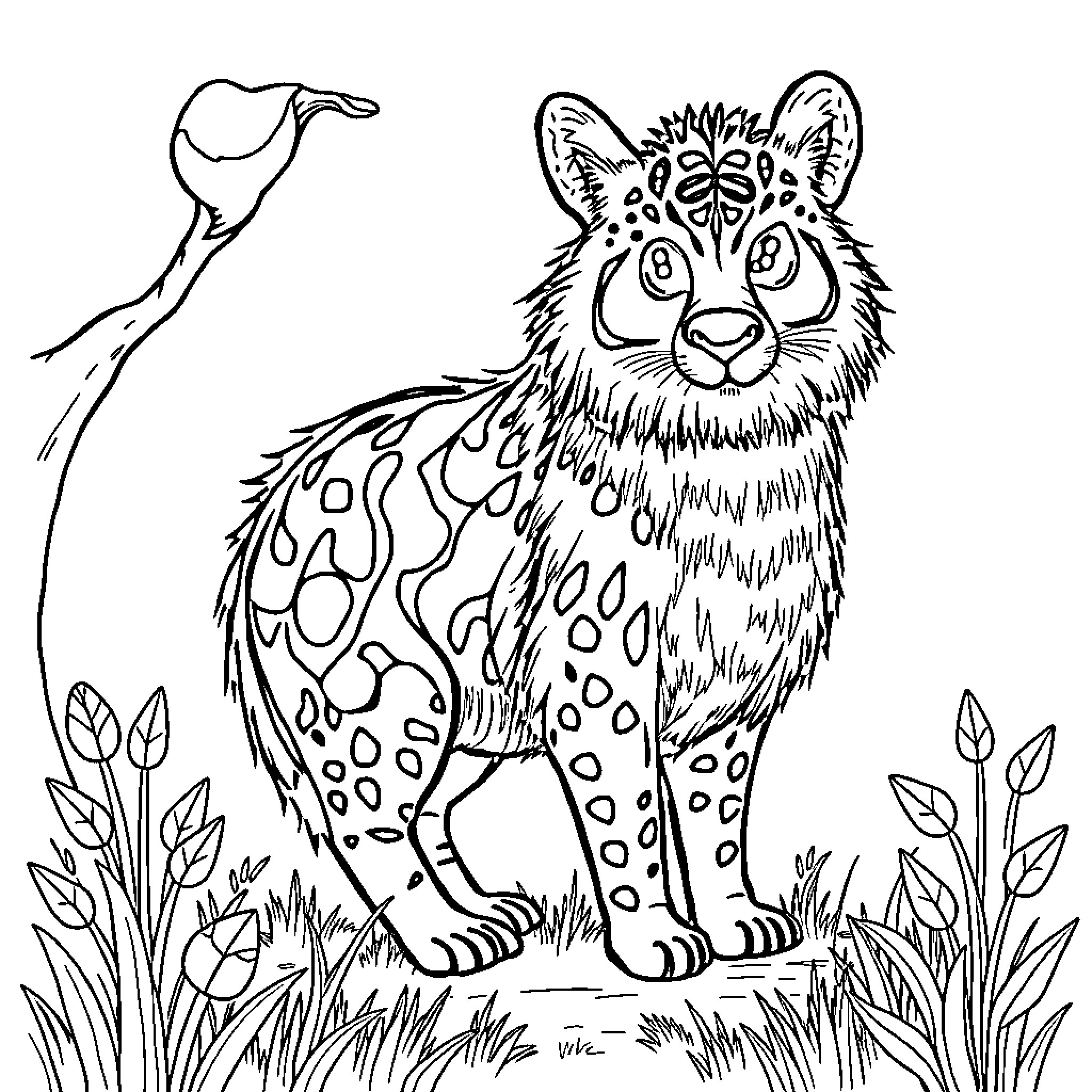 Animal in detailed nature scene Coloring Page (free black-and-white line drawing printable PDF for all, from beginners to advanced learners, including children, teens, adults, and seniors)