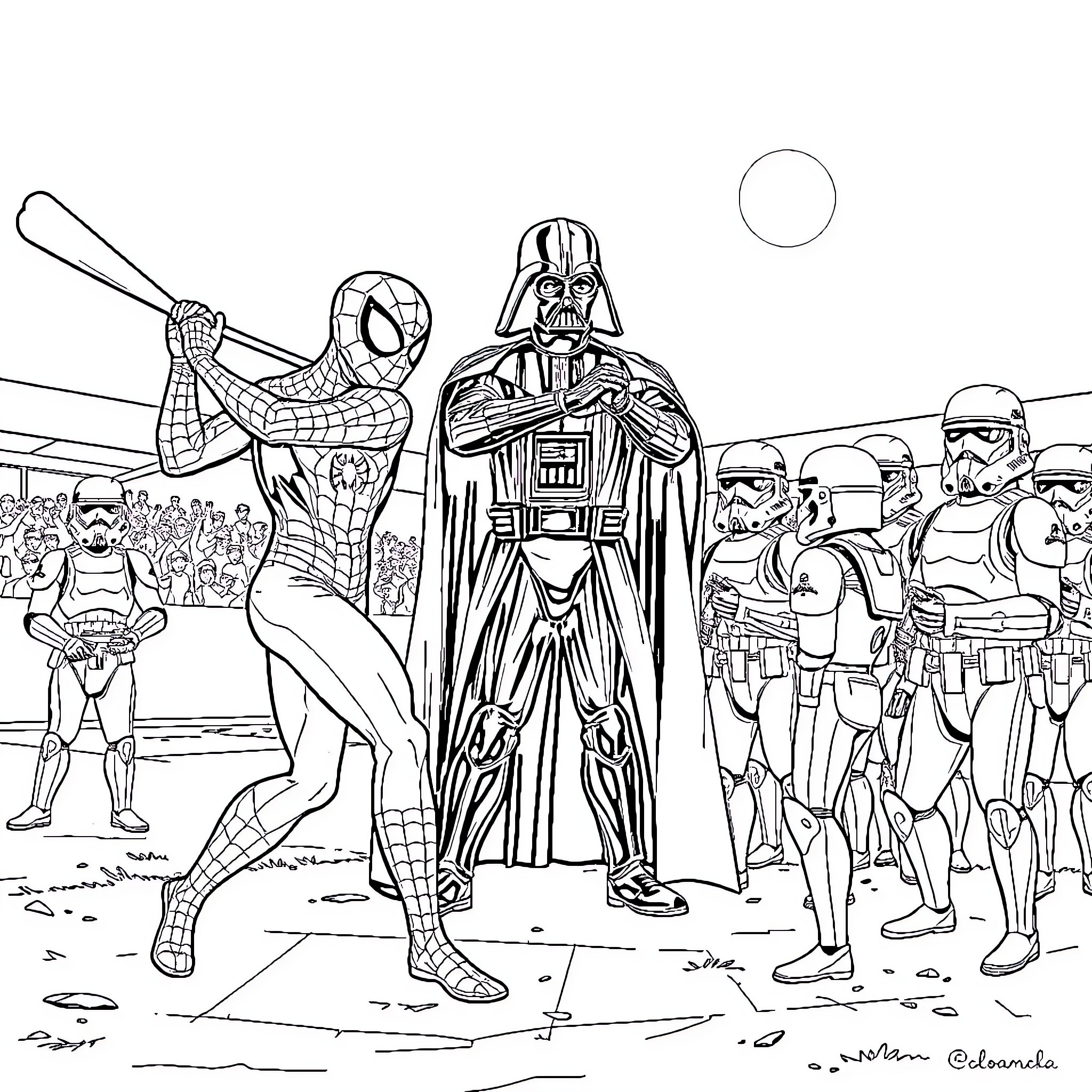 Spiderman faces off against Darth Vader and Stormtroopers Coloring Page (free black-and-white line drawing printable PDF for all, from beginners to advanced learners, including children, teens, adults, and seniors)