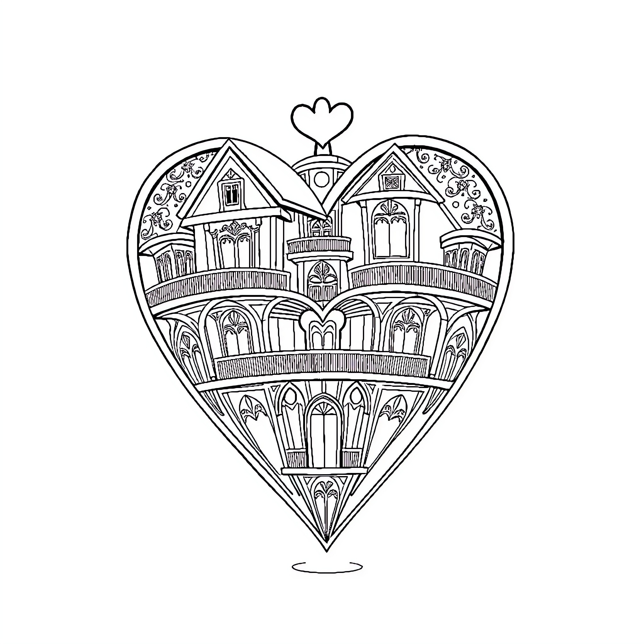 Heart-shaped Victorian Cityscape Coloring Page (free black-and-white line drawing printable PDF for all, from beginners to advanced learners, including children, teens, adults, and seniors)