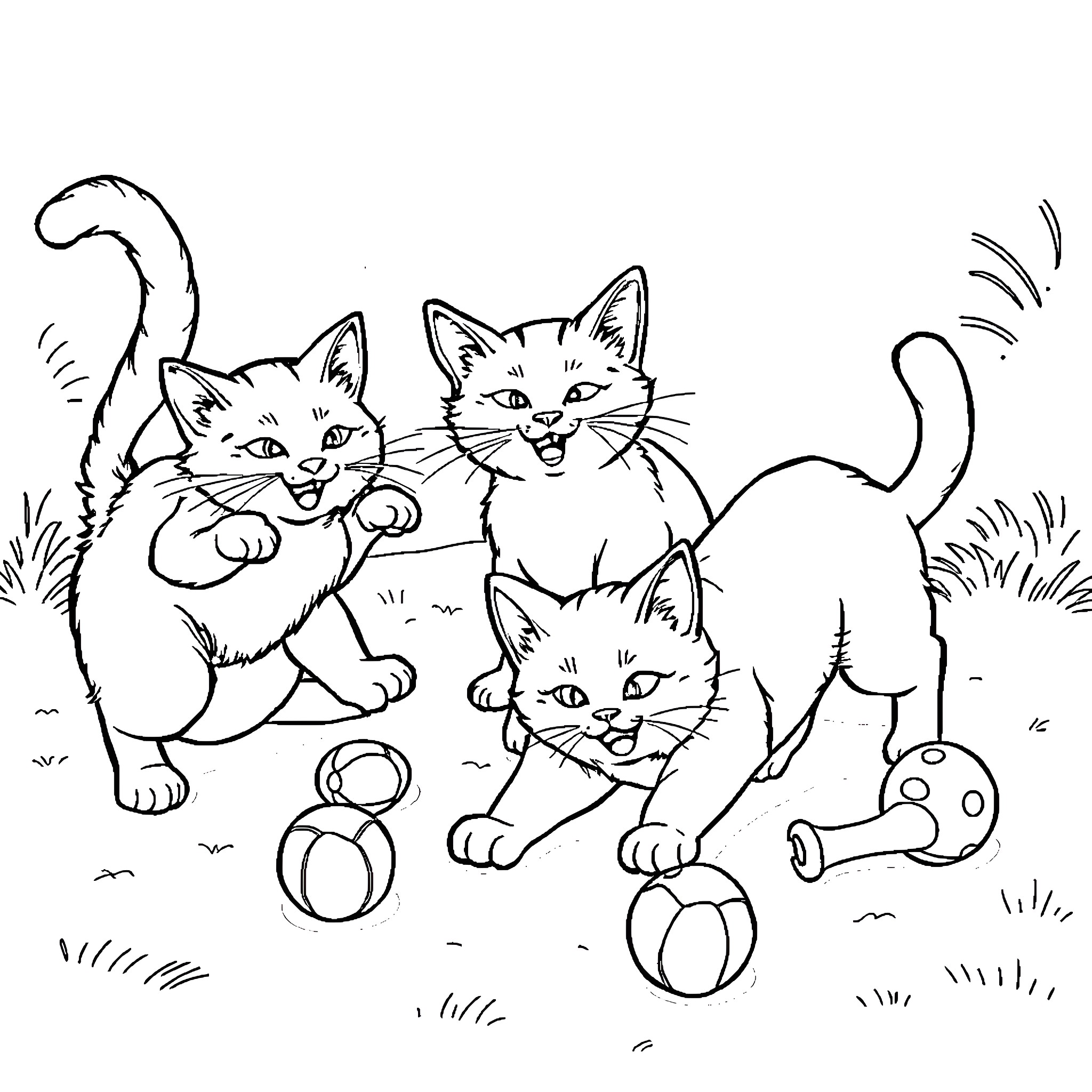 Cats playing with toys in the yard Coloring Page (free black-and-white line drawing printable PDF for all, from beginners to advanced learners, including children, teens, adults, and seniors)