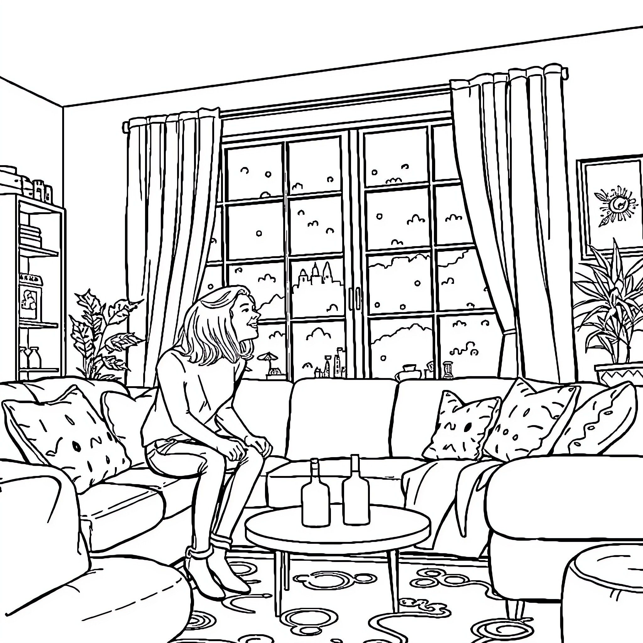 Wife relaxing on couch in cozy living room Coloring Page (free black-and-white line drawing printable PDF for all, from beginners to advanced learners, including children, teens, adults, and seniors)