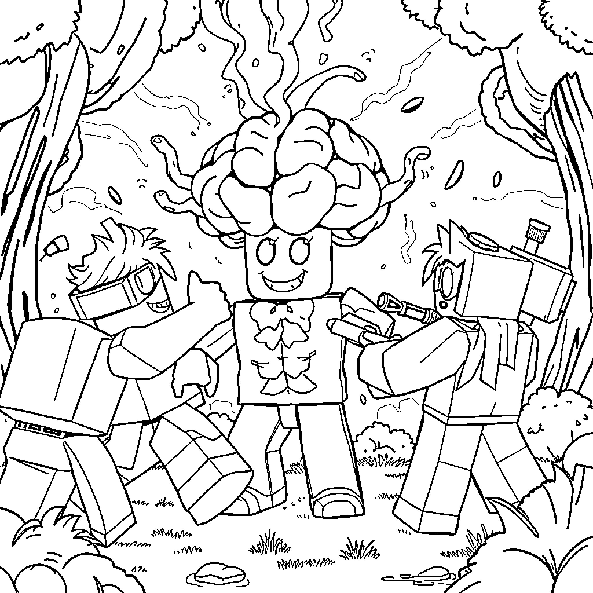 Roblox characters in a chaotic adventure Coloring Page (free black-and-white line drawing printable PDF for all, from beginners to advanced learners, including children, teens, adults, and seniors)