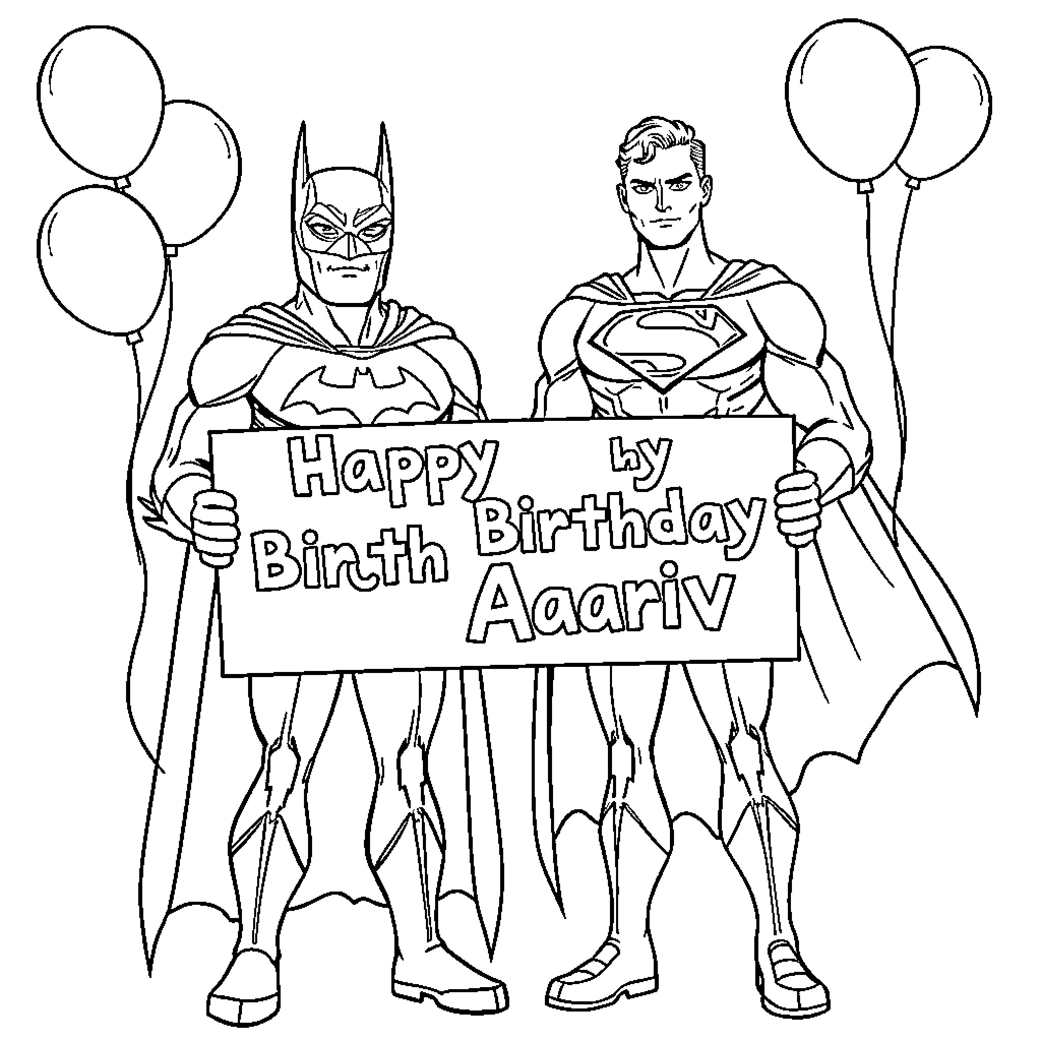Batman and Superman celebrate a happy birthday Coloring Page (free black-and-white line drawing printable PDF for all, from beginners to advanced learners, including children, teens, adults, and seniors)