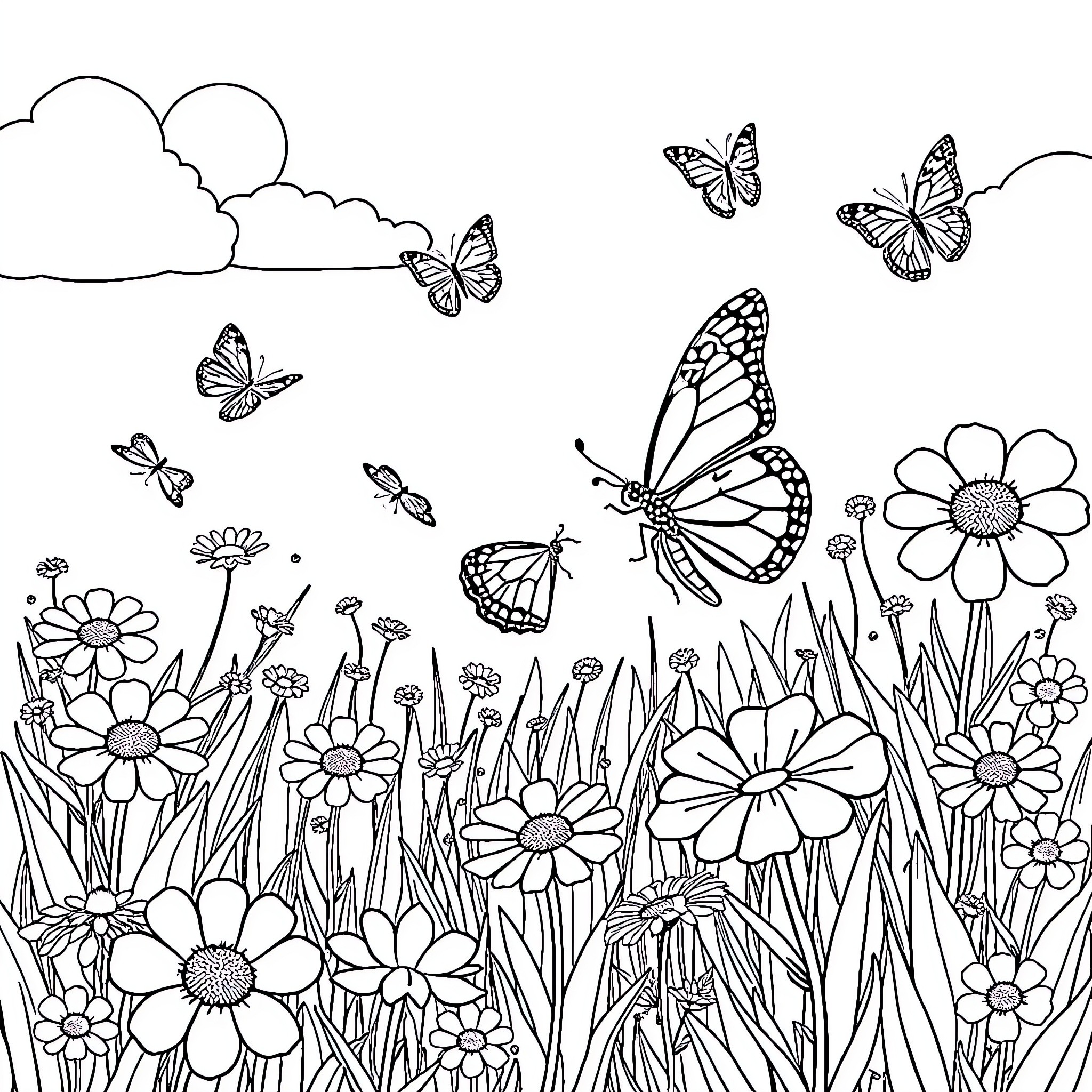 Butterfly garden with flowers and fluttering butterflies Coloring Page (free black-and-white line drawing printable PDF for all, from beginners to advanced learners, including children, teens, adults, and seniors)
