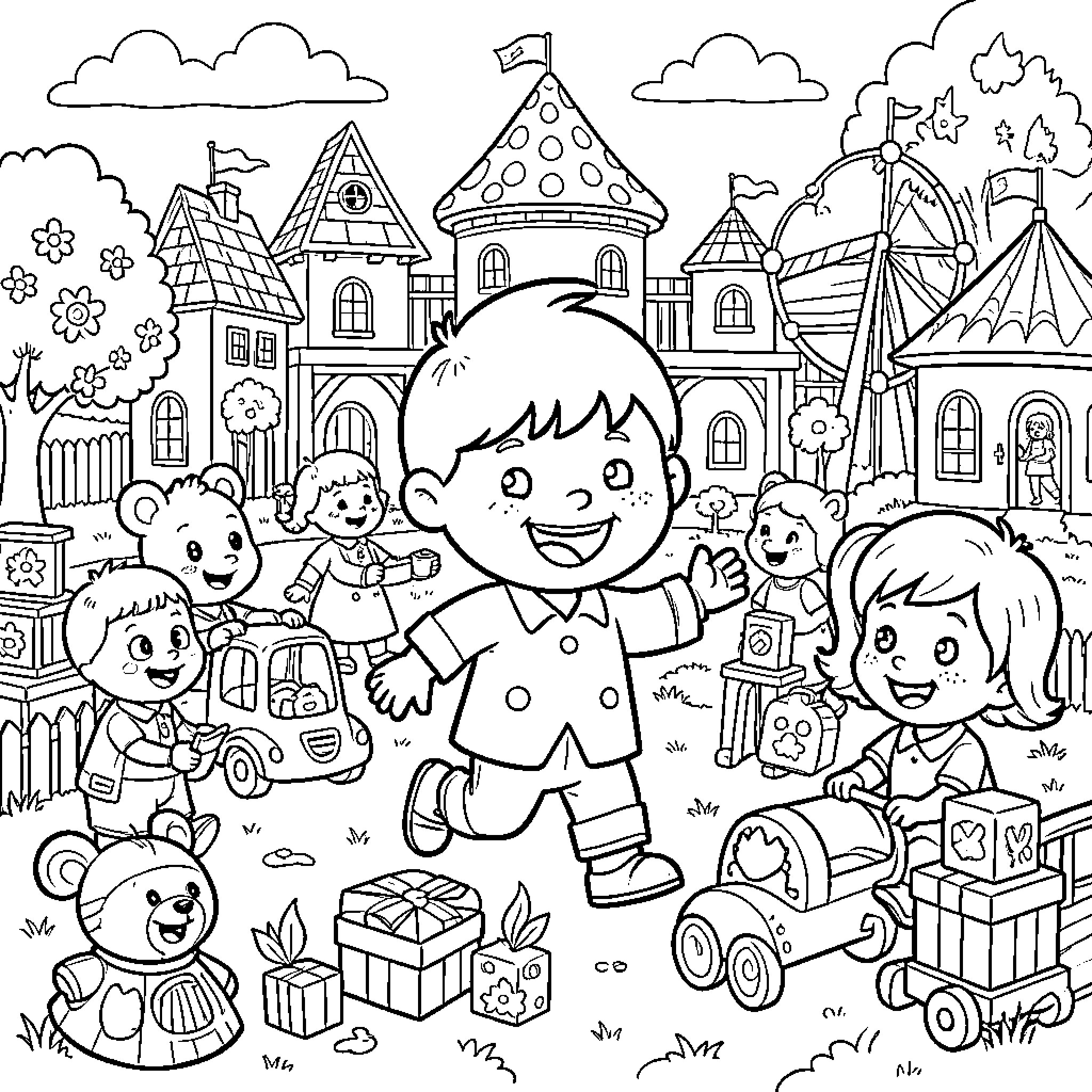 Noddy's Colorful Toy Town Adventure Coloring Page (free black-and-white line drawing printable PDF for all, from beginners to advanced learners, including children, teens, adults, and seniors)