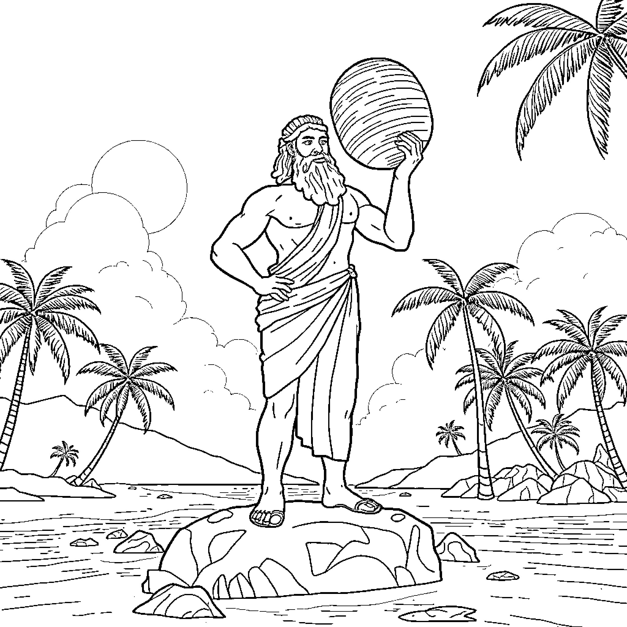 Aesop's Fable of a Shipwrecked Sailor on a Tropical Island Coloring Page (free black-and-white line drawing printable PDF for all, from beginners to advanced learners, including children, teens, adults, and seniors)
