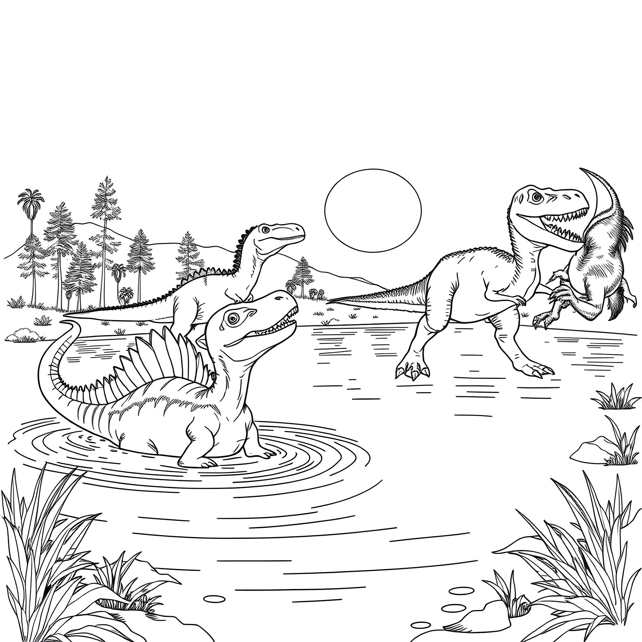 Dinosaurs playing and hunting in prehistoric landscape Coloring Page (free black-and-white line drawing printable PDF for all, from beginners to advanced learners, including children, teens, adults, and seniors)