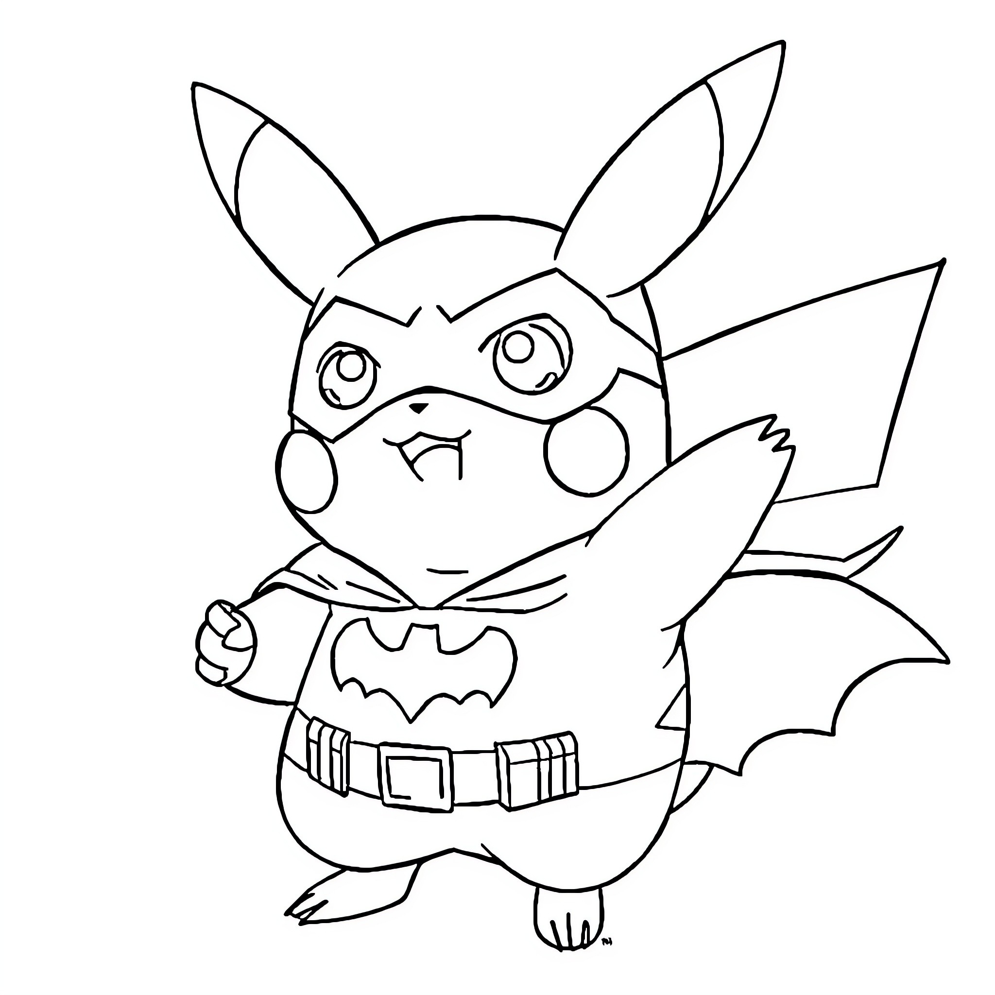 Pikachu dressed as Batman Coloring Page (free black-and-white line drawing printable PDF for all, from beginners to advanced learners, including children, teens, adults, and seniors)