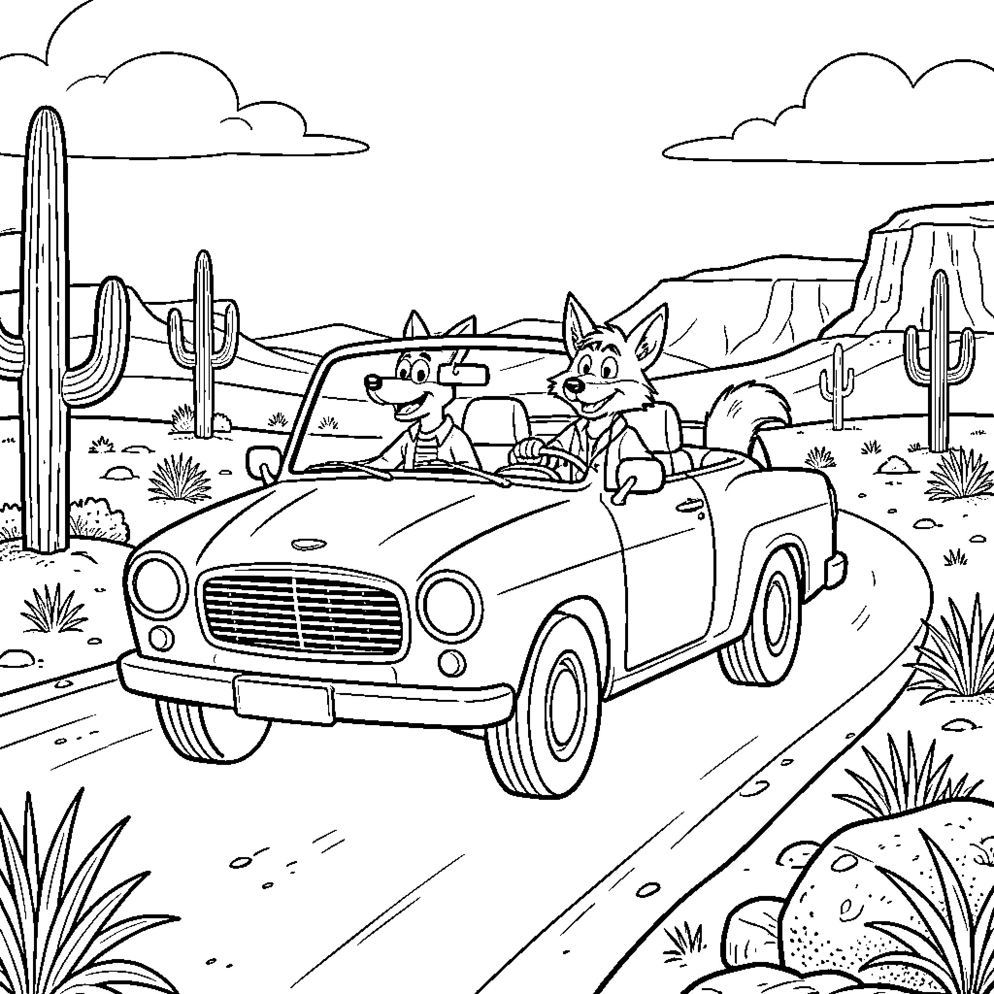 Road Runner characters driving a convertible through the desert Coloring Page (free black-and-white line drawing printable PDF for all, from beginners to advanced learners, including children, teens, adults, and seniors)