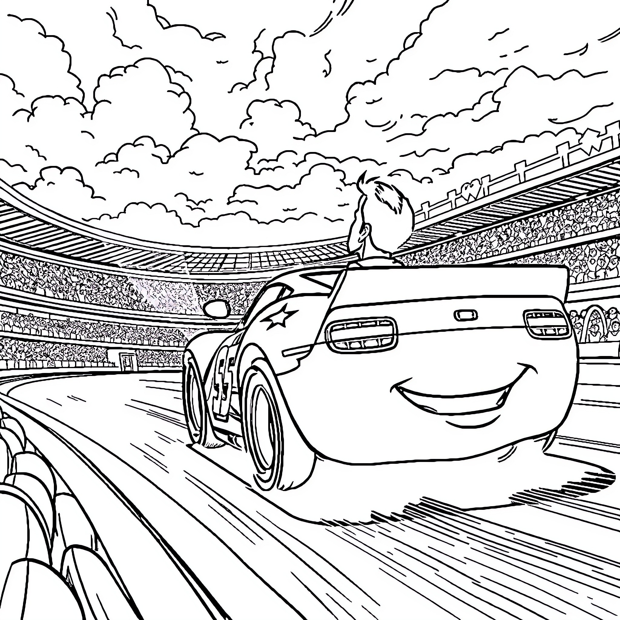 Flash McQueen racing on the track with fans Coloring Page (free black-and-white line drawing printable PDF for all, from beginners to advanced learners, including children, teens, adults, and seniors)