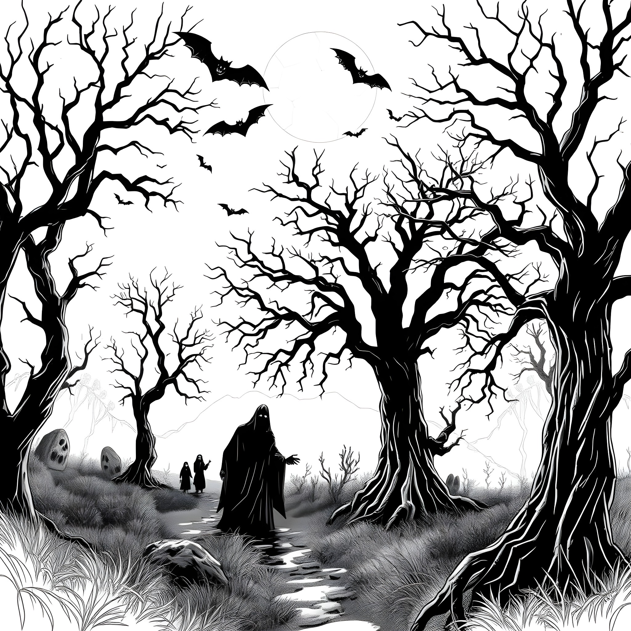 Stuff Spooky Silhouettes of Bare Trees and Ghosts in the Dark Coloring Page (free black-and-white line drawing printable PDF for all, from beginners to advanced learners, including children, teens, adults, and seniors)