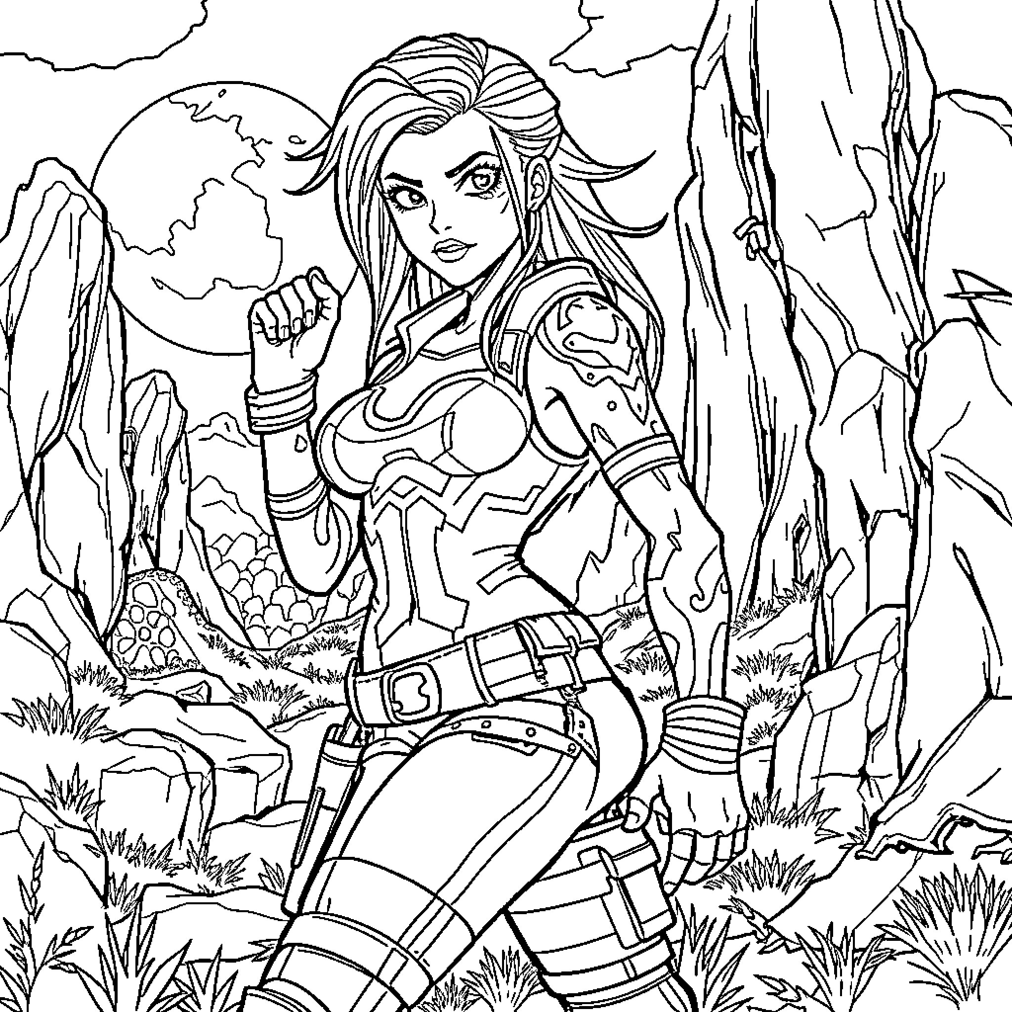 Lilith, the Warrior Goddess in Rugged Terrain Coloring Page (free black-and-white line drawing printable PDF for all, from beginners to advanced learners, including children, teens, adults, and seniors)