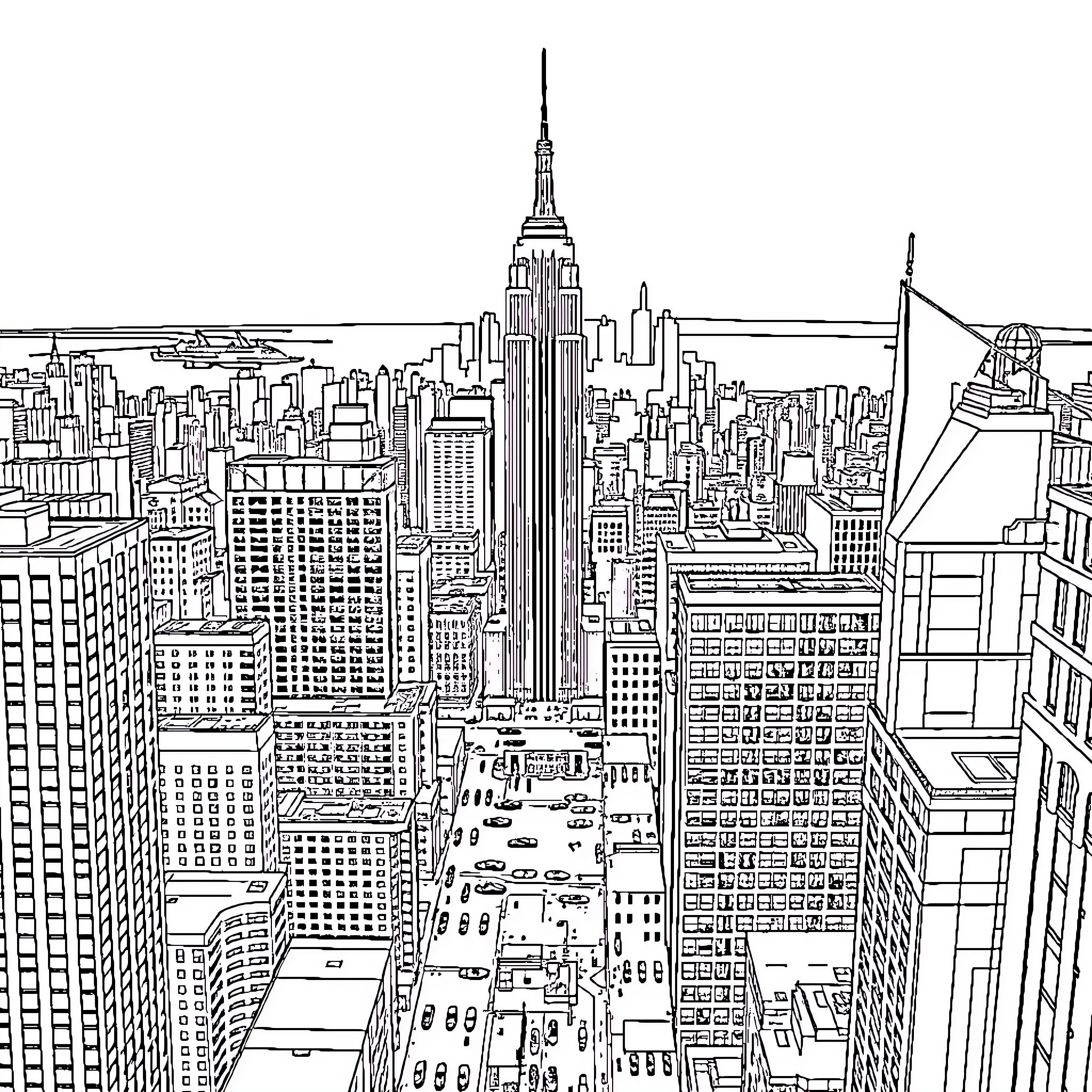 Manhattan's Iconic Skyline: A Striking Architectural Panorama Coloring Page (free black-and-white line drawing printable PDF for all, from beginners to advanced learners, including children, teens, adults, and seniors)